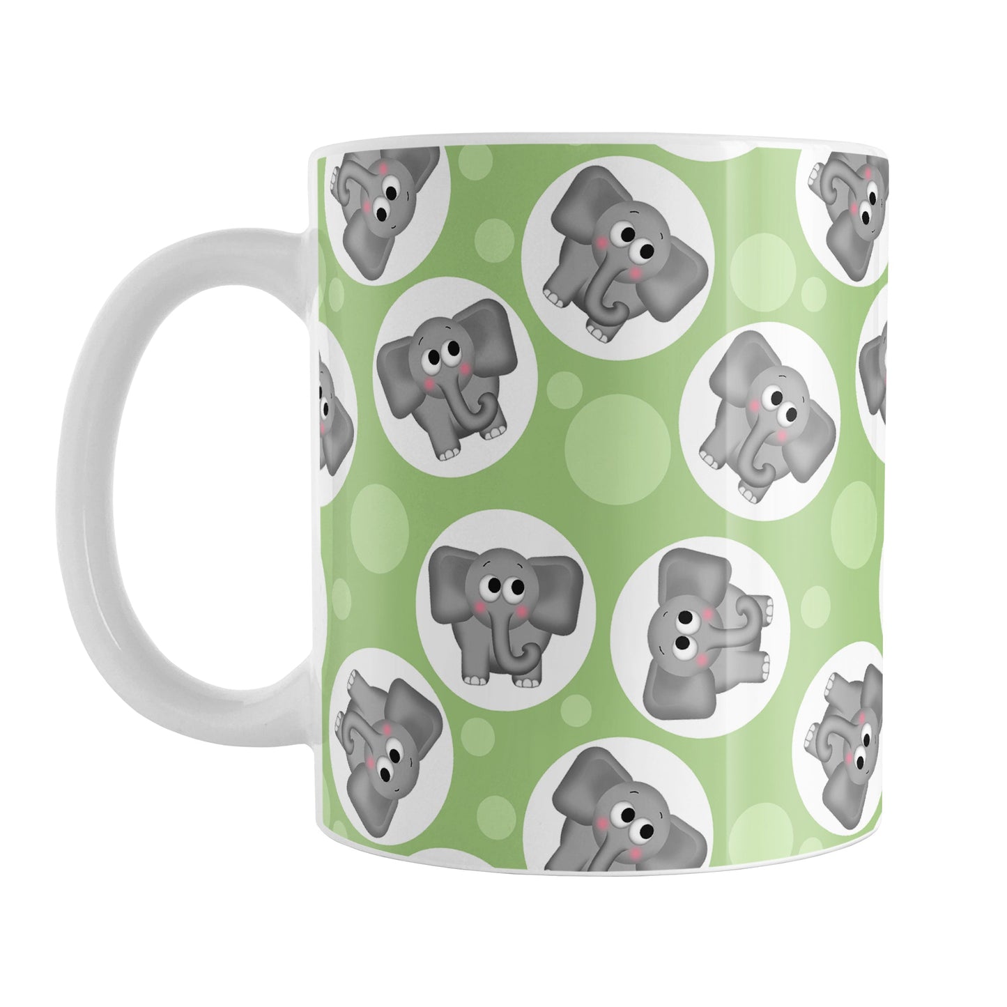 Cute Green Elephant Pattern Mug (11oz) at Amy's Coffee Mugs. A ceramic coffee mug designed with cute and affectionate gray elephants in white circles scattered over a green background color in a pattern that wraps around the mug up to the handle.