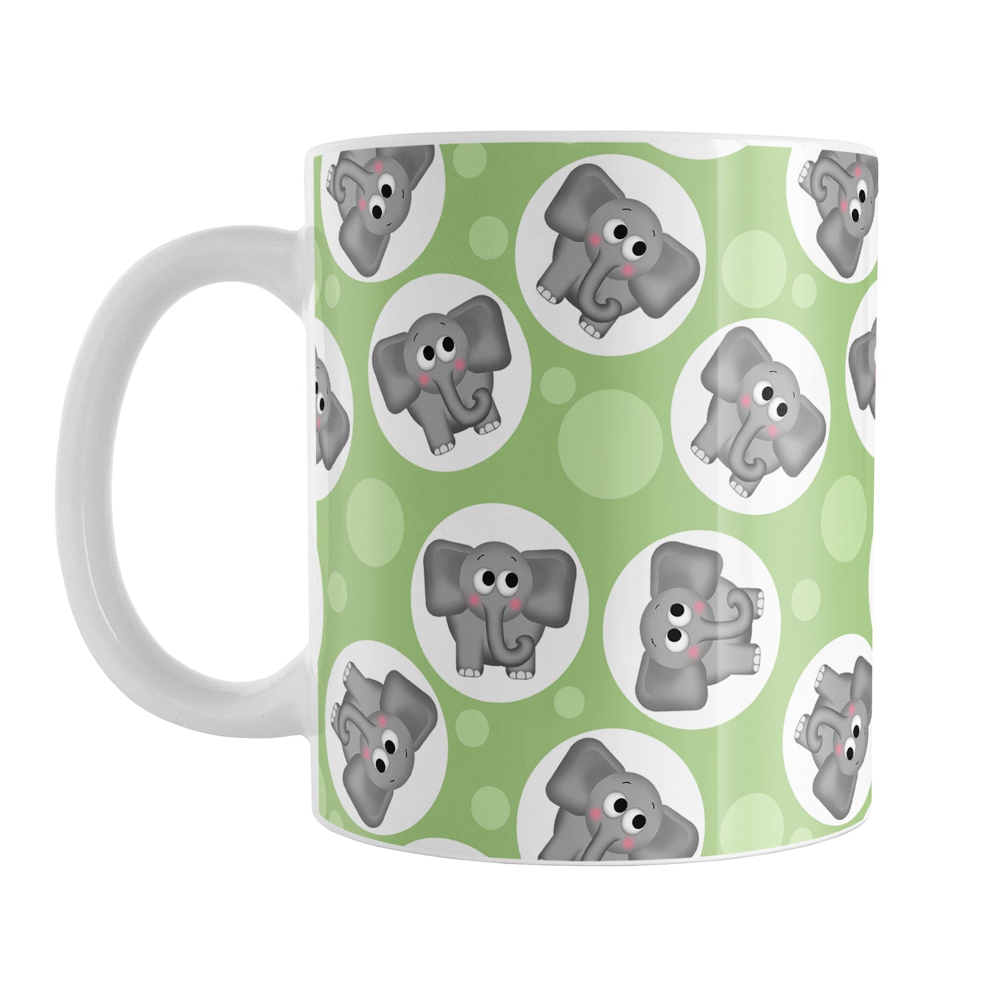 Cute Green Elephant Pattern Mug (11oz) at Amy's Coffee Mugs. A ceramic coffee mug designed with cute and affectionate gray elephants in white circles scattered over a green background color in a pattern that wraps around the mug up to the handle.