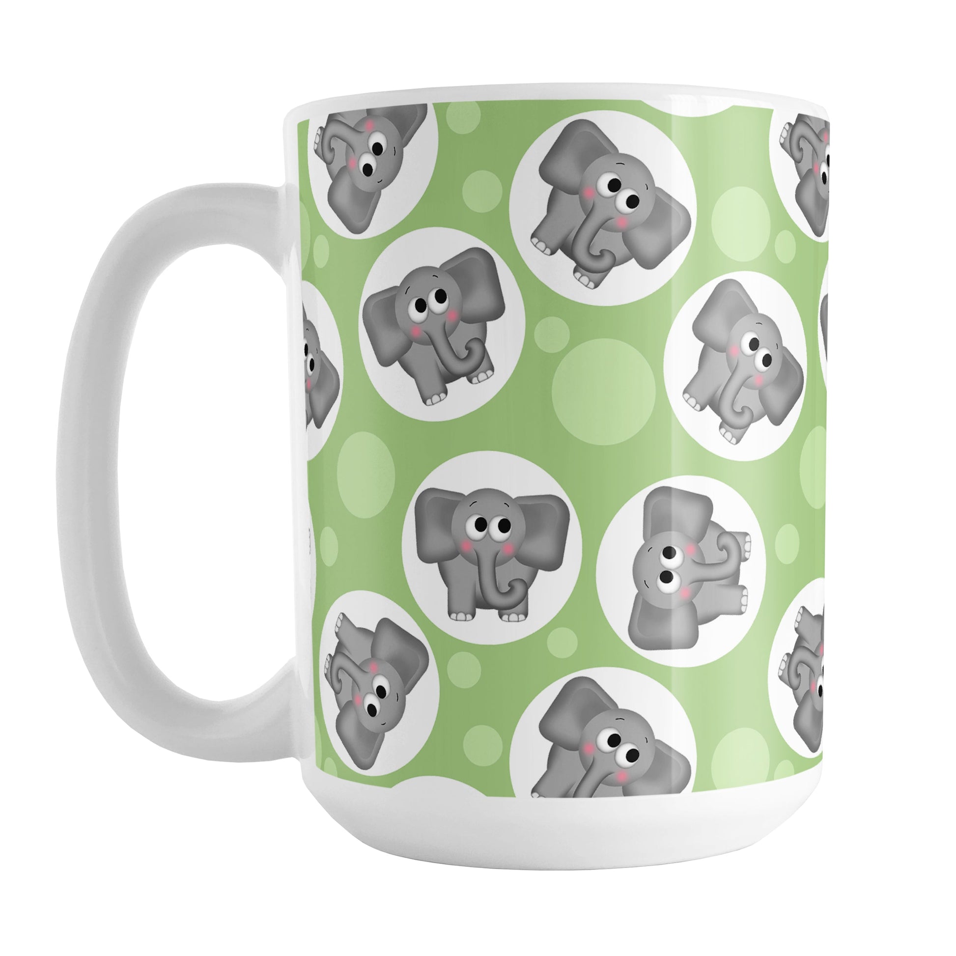 Cute Green Elephant Pattern Mug (15oz) at Amy's Coffee Mugs. A ceramic coffee mug designed with cute and affectionate gray elephants in white circles scattered over a green background color in a pattern that wraps around the mug up to the handle.