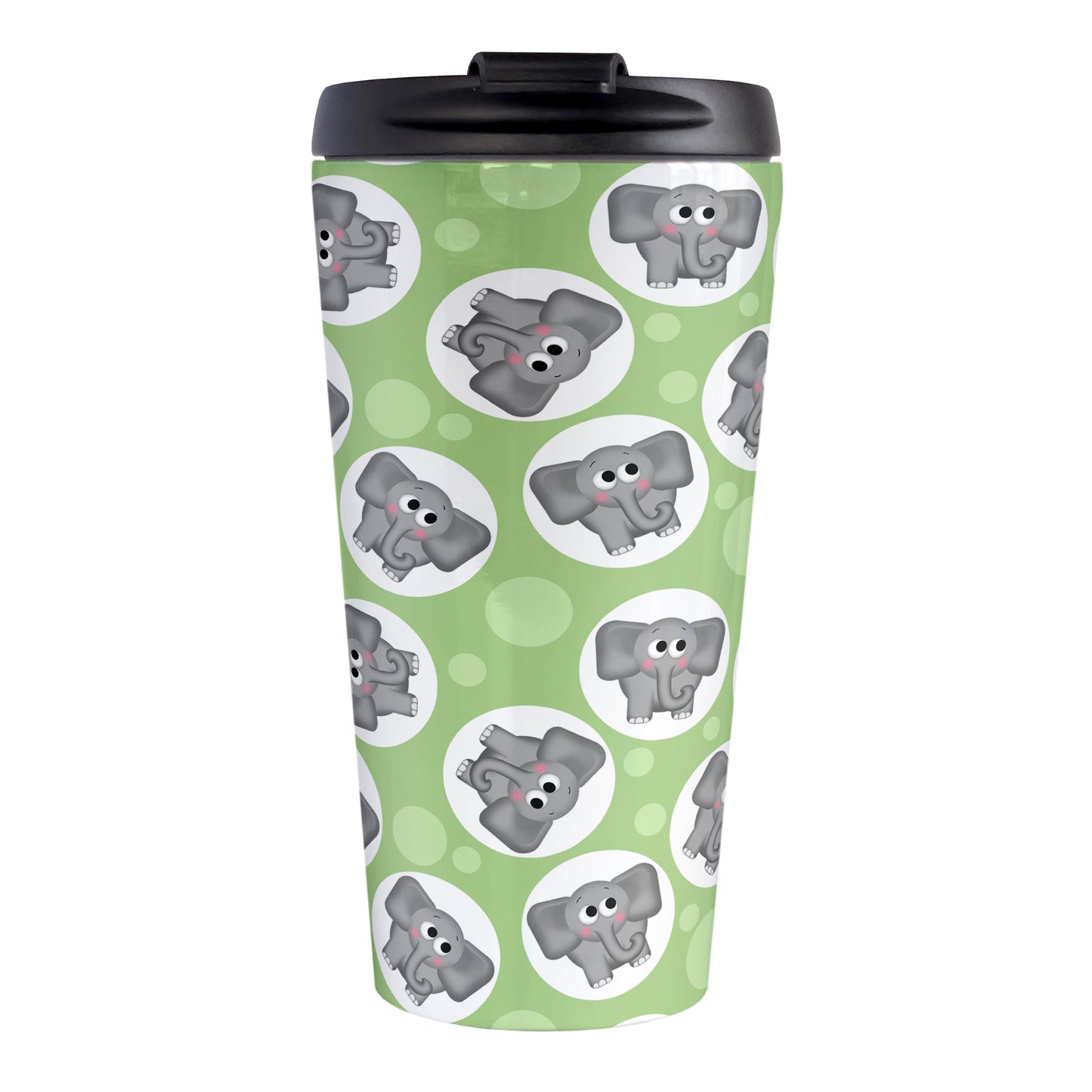 Cute Green Elephant Pattern Travel Mug (15oz, stainless steel insulated) at Amy's Coffee Mugs. A travel mug designed with cute and affectionate gray elephants in white circles scattered over a green background color in a pattern that wraps around the travel mug.