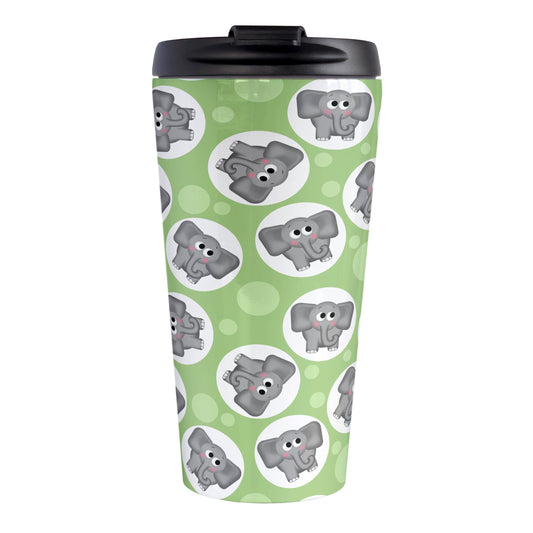 Cute Green Elephant Pattern Travel Mug (15oz, stainless steel insulated) at Amy's Coffee Mugs. A travel mug designed with cute and affectionate gray elephants in white circles scattered over a green background color in a pattern that wraps around the travel mug.