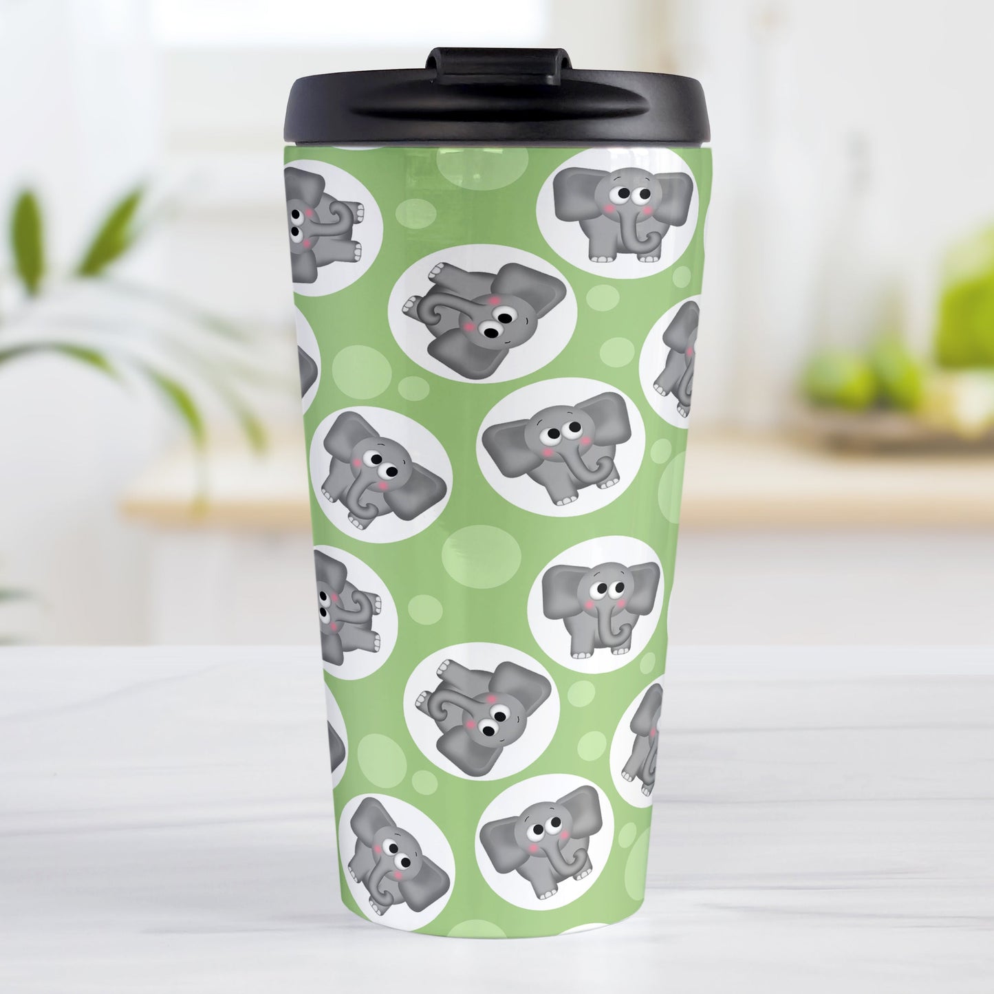 Cute Green Elephant Pattern Travel Mug (15oz, stainless steel insulated) at Amy's Coffee Mugs. A travel mug designed with cute and affectionate gray elephants in white circles scattered over a green background color in a pattern that wraps around the travel mug.