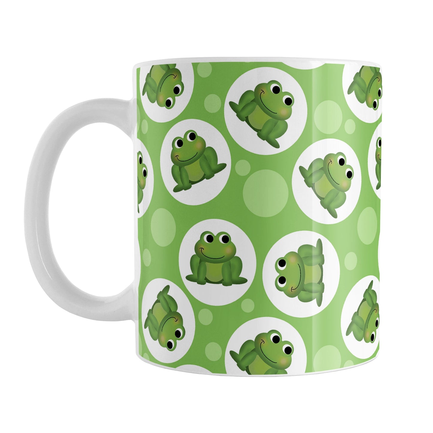 Cute Green Frog Pattern Mug (11oz) at Amy's Coffee Mugs. A ceramic coffee mug designed with cute and smiling green frogs in white circles scattered over a green background color in a pattern that wraps around the mug up to the handle.