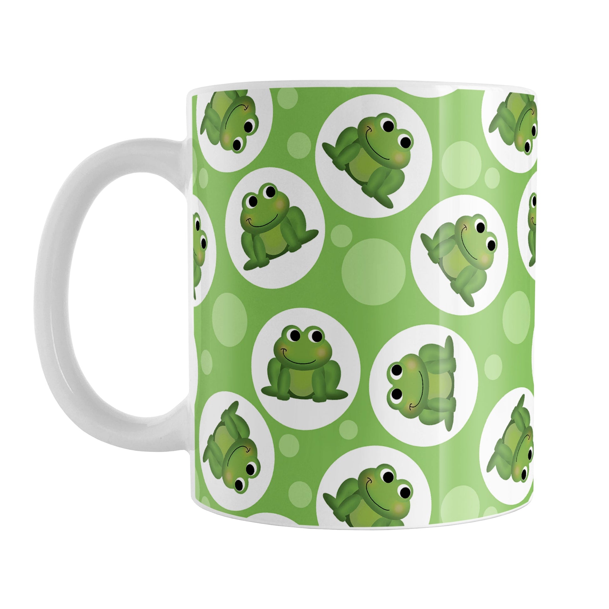 Cute Green Frog Pattern Mug (11oz) at Amy's Coffee Mugs. A ceramic coffee mug designed with cute and smiling green frogs in white circles scattered over a green background color in a pattern that wraps around the mug up to the handle.