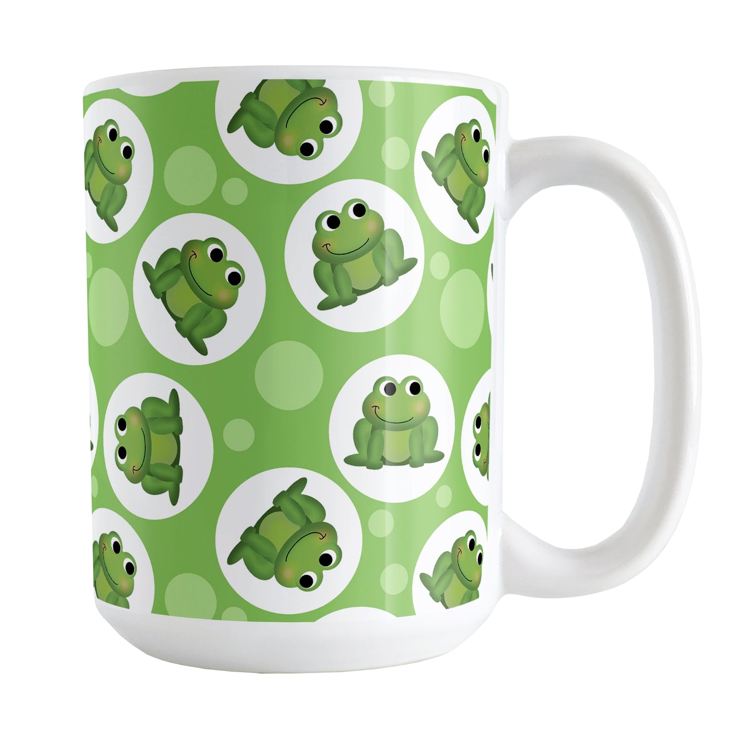 Cute Green Frog Pattern Mug (15oz) at Amy's Coffee Mugs. A ceramic coffee mug designed with cute and smiling green frogs in white circles scattered over a green background color in a pattern that wraps around the mug up to the handle.