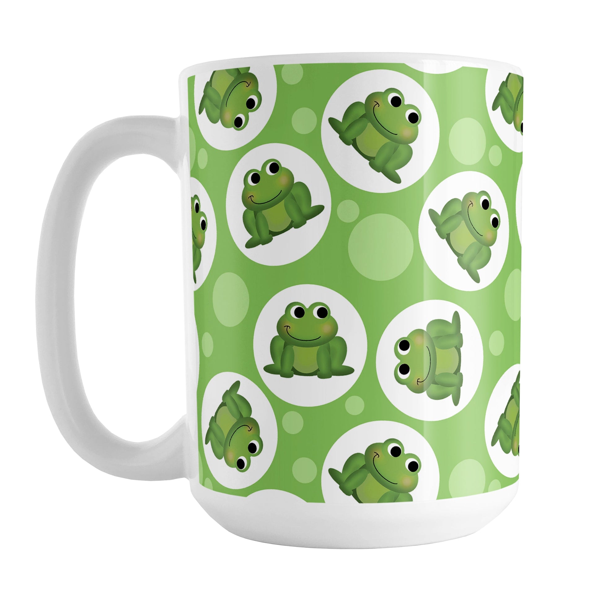 Cute Green Frog Pattern Mug (15oz) at Amy's Coffee Mugs. A ceramic coffee mug designed with cute and smiling green frogs in white circles scattered over a green background color in a pattern that wraps around the mug up to the handle.