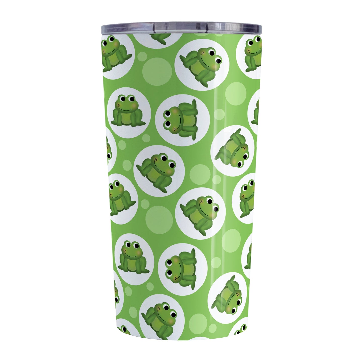 Cute Green Frog Pattern Tumbler Cup (20oz, stainless steel insulated) at Amy's Coffee Mugs. A tumbler cup designed with cute and smiling green frogs in white circles scattered over a green background color in a pattern that wraps around the cup.