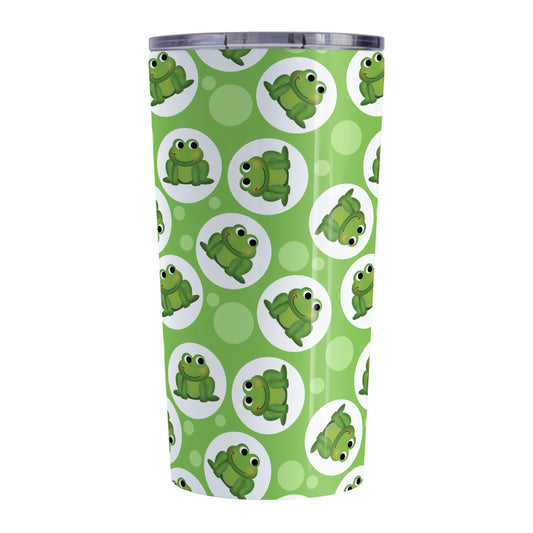 Cute Green Frog Pattern Tumbler Cup (20oz, stainless steel insulated) at Amy's Coffee Mugs. A tumbler cup designed with cute and smiling green frogs in white circles scattered over a green background color in a pattern that wraps around the cup.