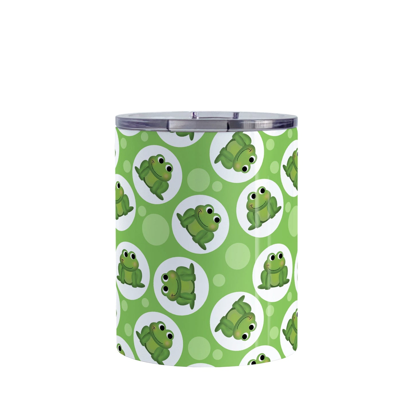 Cute Green Frog Pattern Tumbler Cup (10oz, stainless steel insulated) at Amy's Coffee Mugs. A tumbler cup designed with cute and smiling green frogs in white circles scattered over a green background color in a pattern that wraps around the cup.