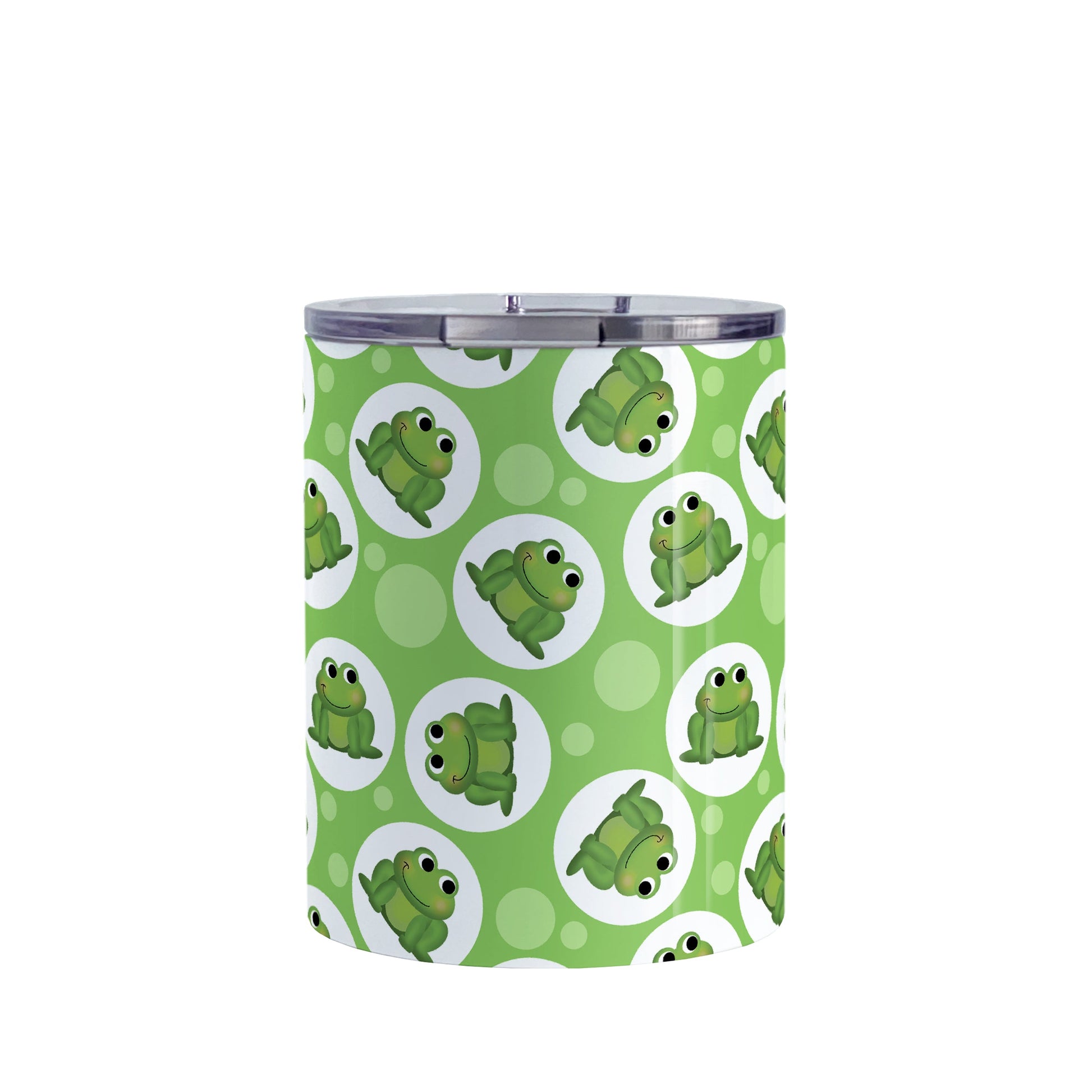 Cute Green Frog Pattern Tumbler Cup (10oz, stainless steel insulated) at Amy's Coffee Mugs. A tumbler cup designed with cute and smiling green frogs in white circles scattered over a green background color in a pattern that wraps around the cup.