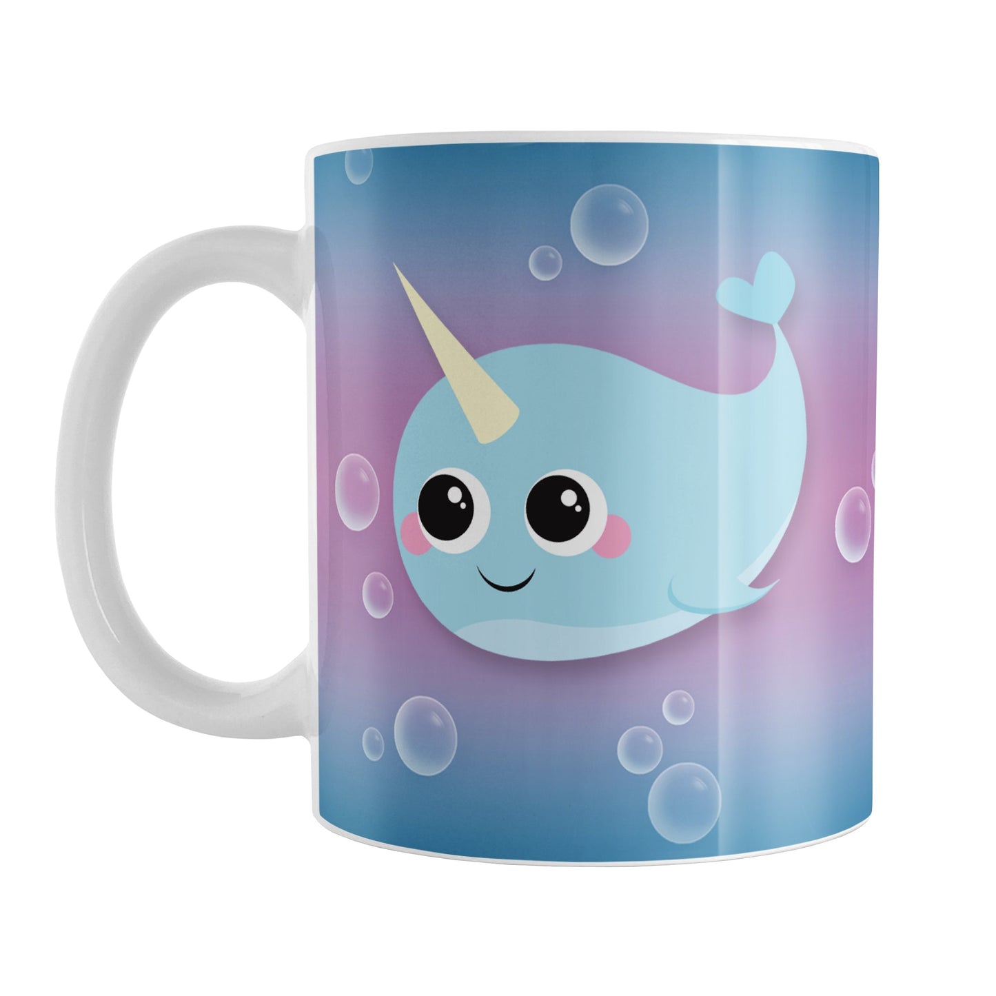 Cute Happy Narwhal with Bubbles Mug (11oz) at Amy's Coffee Mugs. A ceramic coffee mug designed with a cute and happy blue narwhal on both sides of the mug with bubbles around it over a blue and purple gradient background that wraps around the mug to the handle.