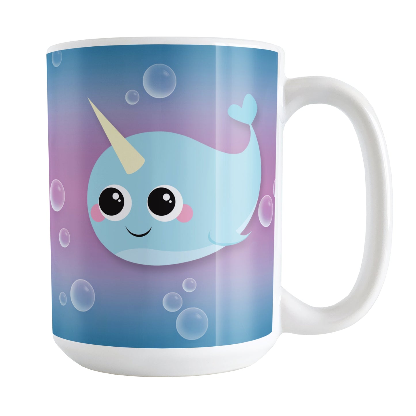 Cute Happy Narwhal with Bubbles Mug (15oz) at Amy's Coffee Mugs. A ceramic coffee mug designed with a cute and happy blue narwhal on both sides of the mug with bubbles around it over a blue and purple gradient background that wraps around the mug to the handle.