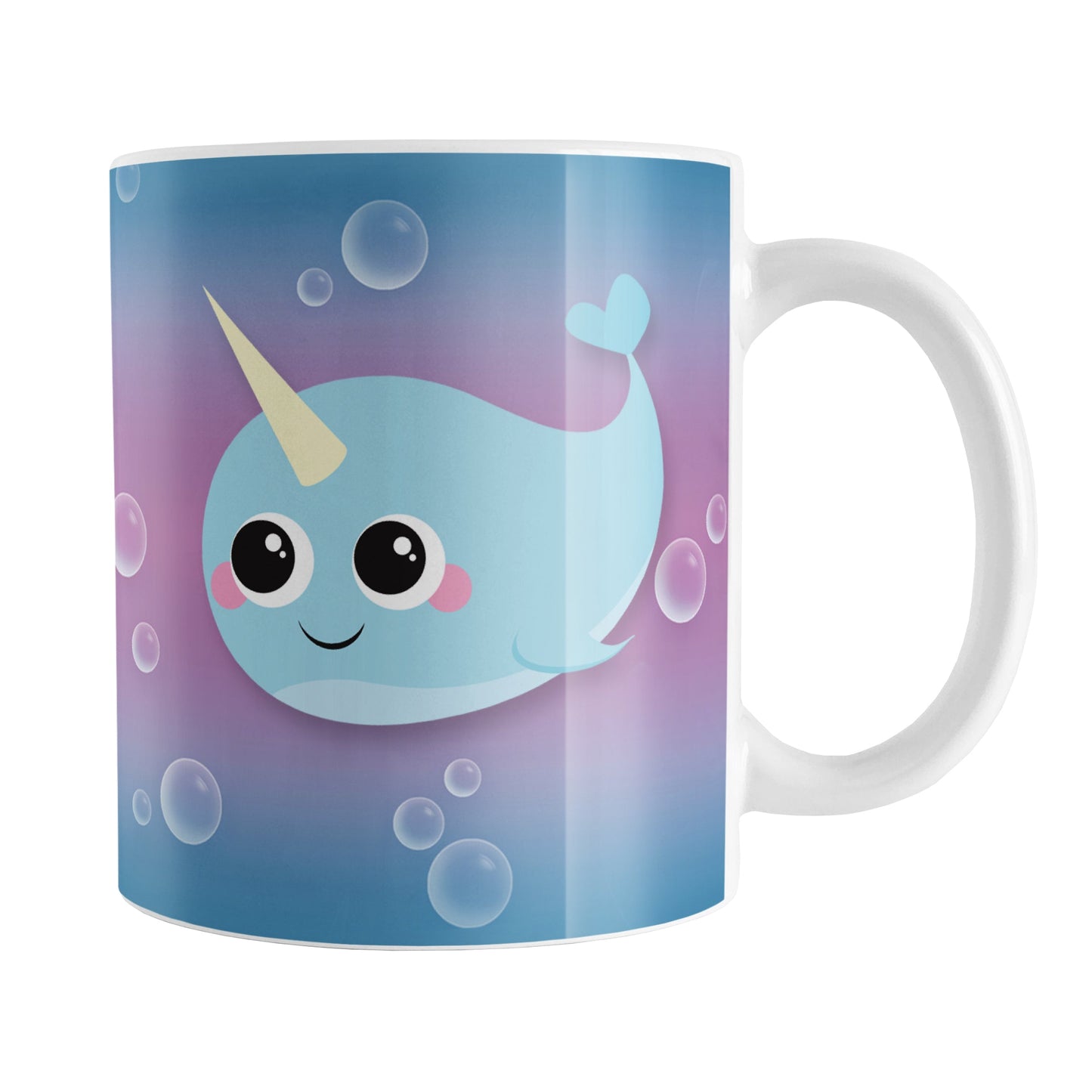 Cute Happy Narwhal with Bubbles Mug (11oz) at Amy's Coffee Mugs. A ceramic coffee mug designed with a cute and happy blue narwhal on both sides of the mug with bubbles around it over a blue and purple gradient background that wraps around the mug to the handle.