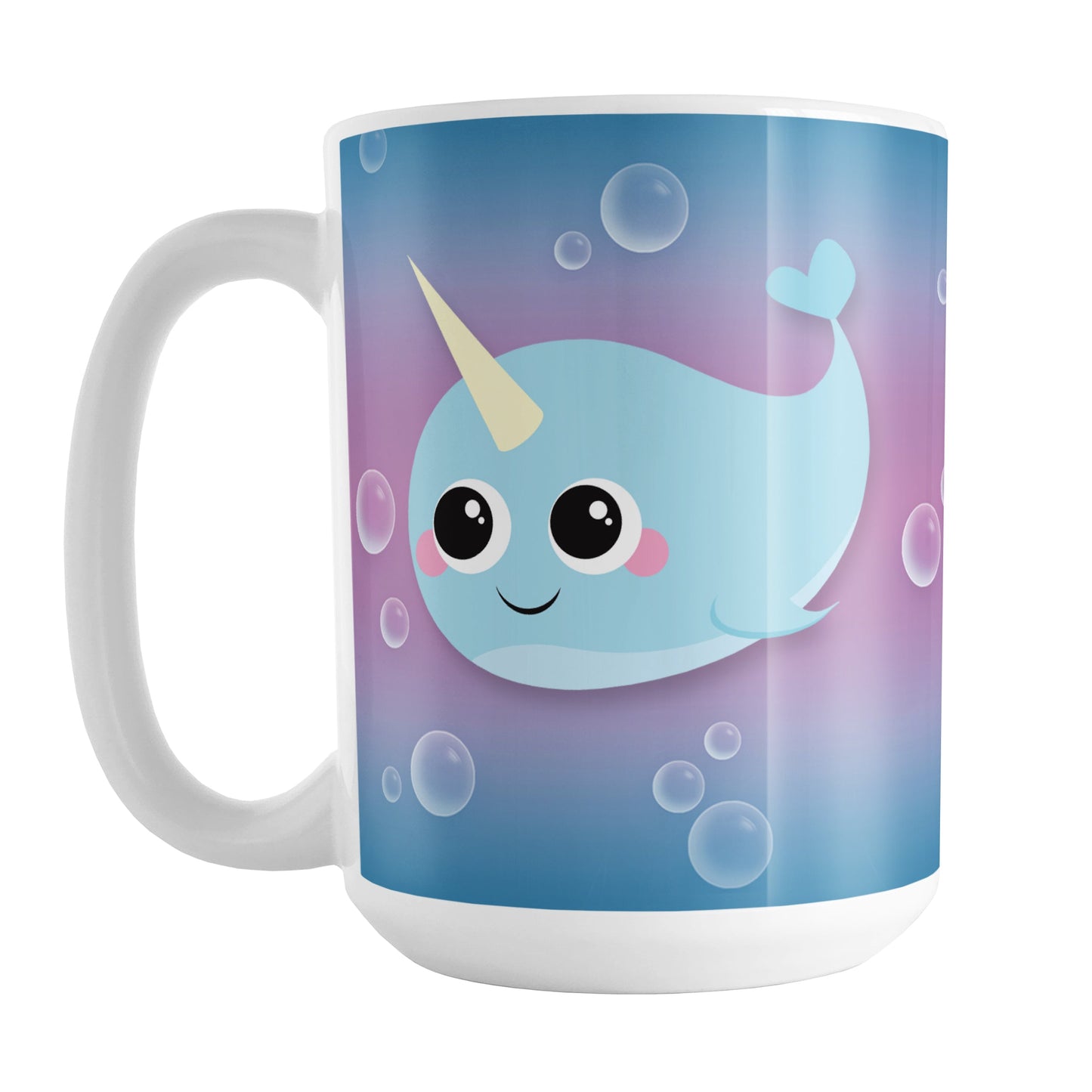 Cute Happy Narwhal with Bubbles Mug (15oz) at Amy's Coffee Mugs. A ceramic coffee mug designed with a cute and happy blue narwhal on both sides of the mug with bubbles around it over a blue and purple gradient background that wraps around the mug to the handle.