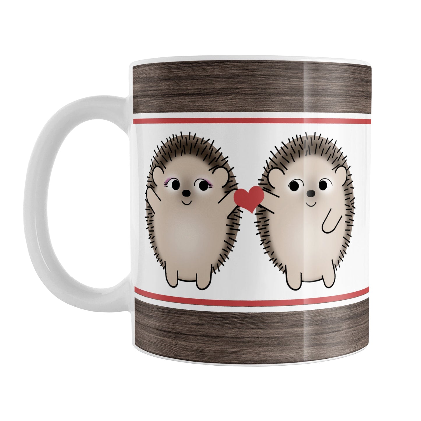 Cute Hedgehogs Holding Red Heart Mug (11oz) at Amy's Coffee Mugs. A ceramic coffee mug designed with cute and happy hedgehogs holding a red heart together between them, on both sides of the mug, over white with a rustic wood and red stripe on the top and the bottom in a design that wraps around the mug up to the handle.