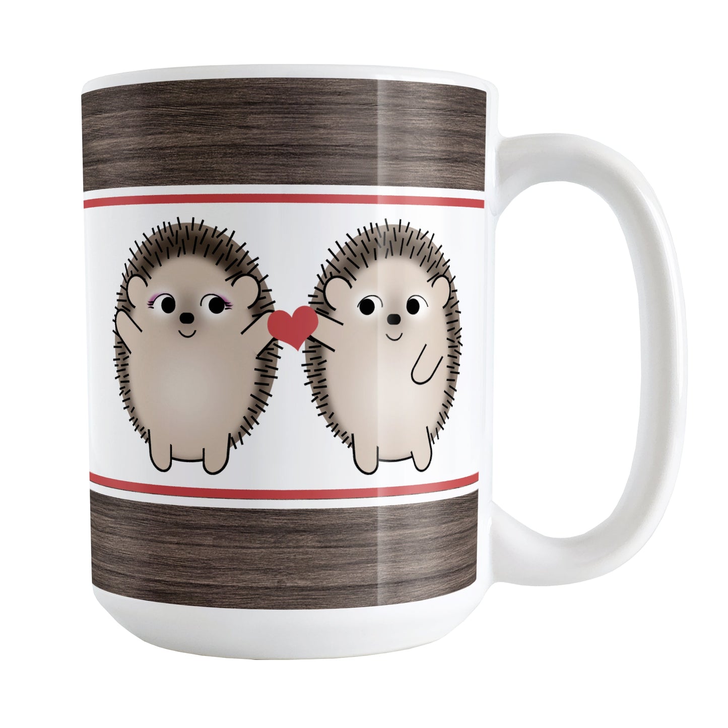 Cute Hedgehogs Holding Red Heart Mug (15oz) at Amy's Coffee Mugs. A ceramic coffee mug designed with cute and happy hedgehogs holding a red heart together between them, on both sides of the mug, over white with a rustic wood and red stripe on the top and the bottom in a design that wraps around the mug up to the handle.