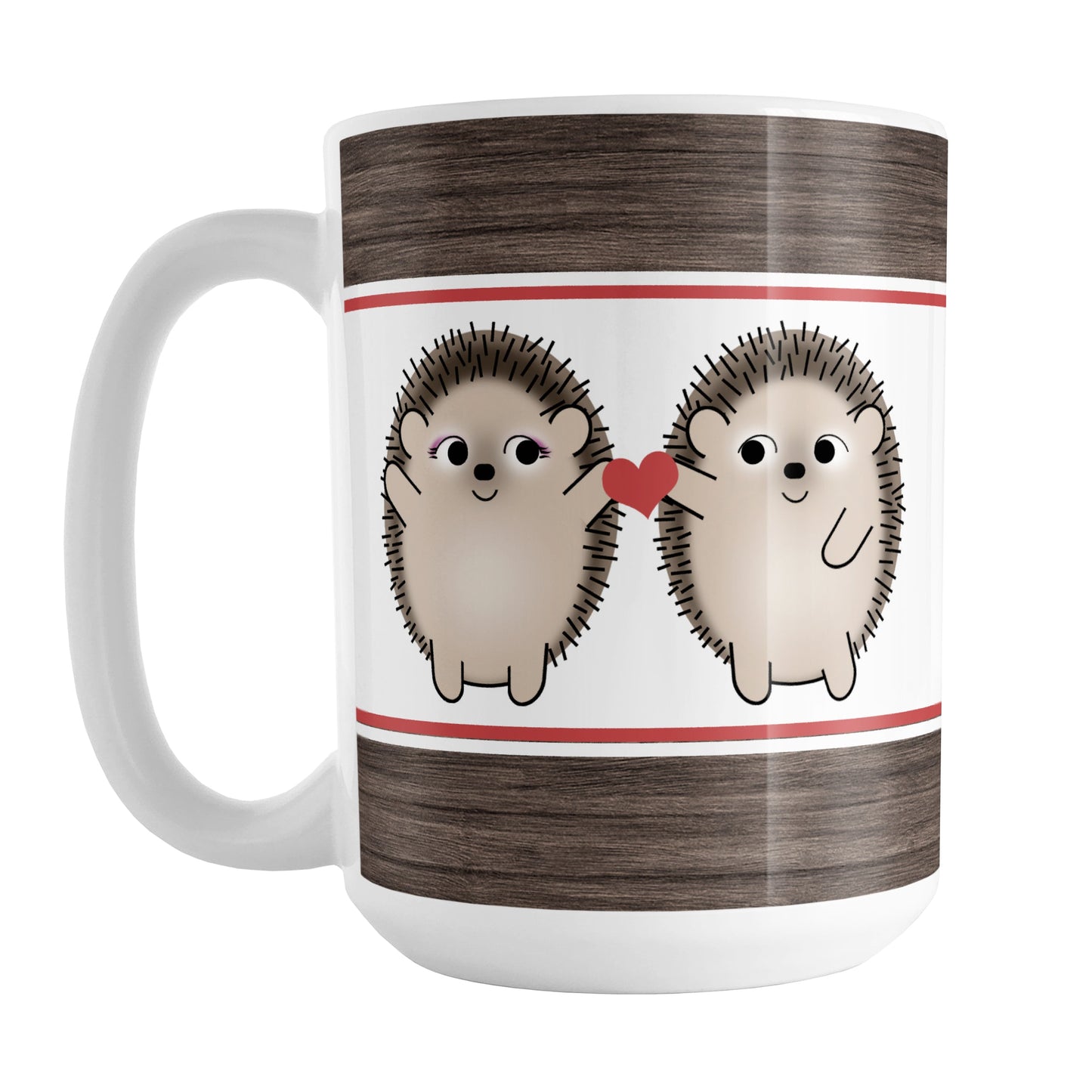 Cute Hedgehogs Holding Red Heart Mug (15oz) at Amy's Coffee Mugs. A ceramic coffee mug designed with cute and happy hedgehogs holding a red heart together between them, on both sides of the mug, over white with a rustic wood and red stripe on the top and the bottom in a design that wraps around the mug up to the handle.