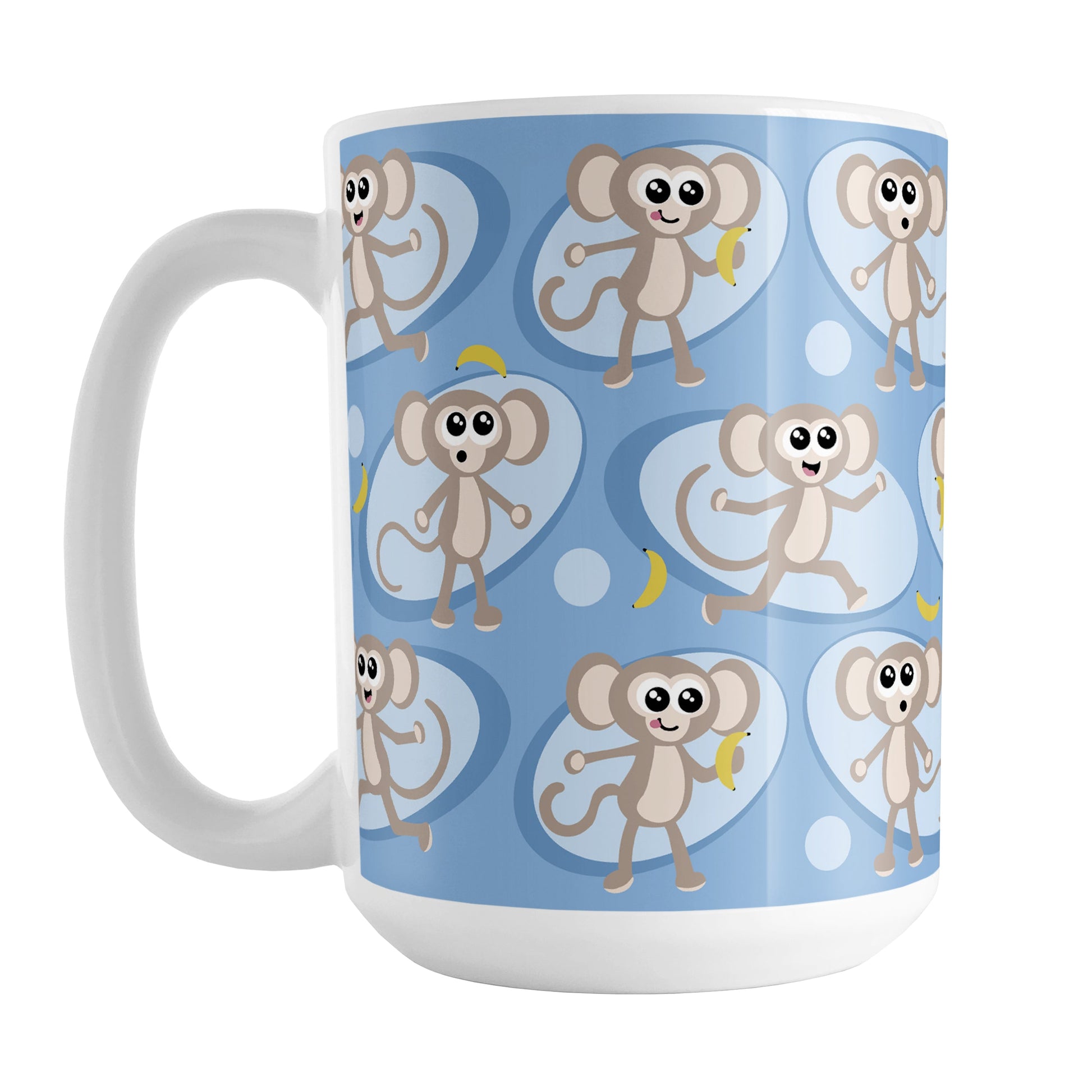 Cute Blue Monkey Pattern Mug (15oz) at Amy's Coffee Mugs. A ceramic coffee mug designed with a pattern of fun and cute brown monkeys in light blue ovals with bananas over a blue background color that wraps around the mug up to the handle.