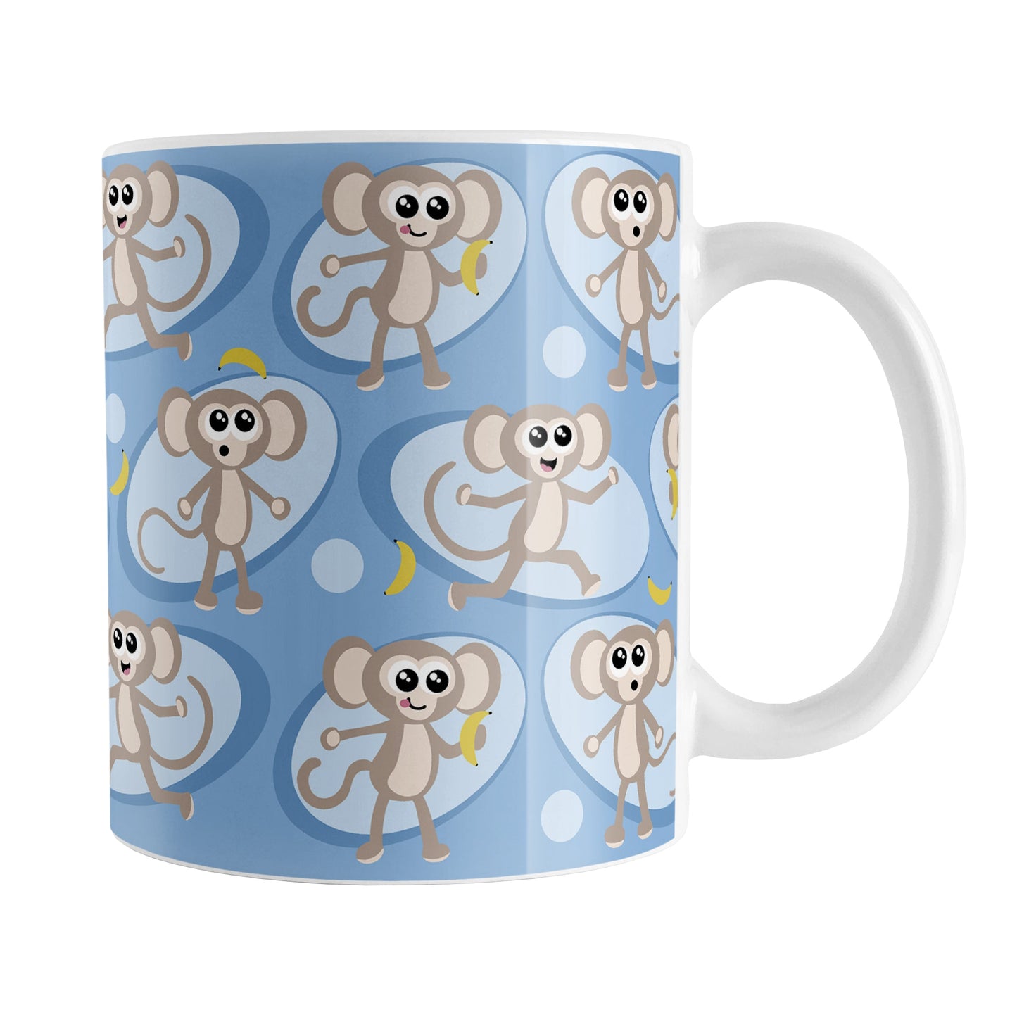 Cute Blue Monkey Pattern Mug (11oz) at Amy's Coffee Mugs. A ceramic coffee mug designed with a pattern of fun and cute brown monkeys in light blue ovals with bananas over a blue background color that wraps around the mug up to the handle.