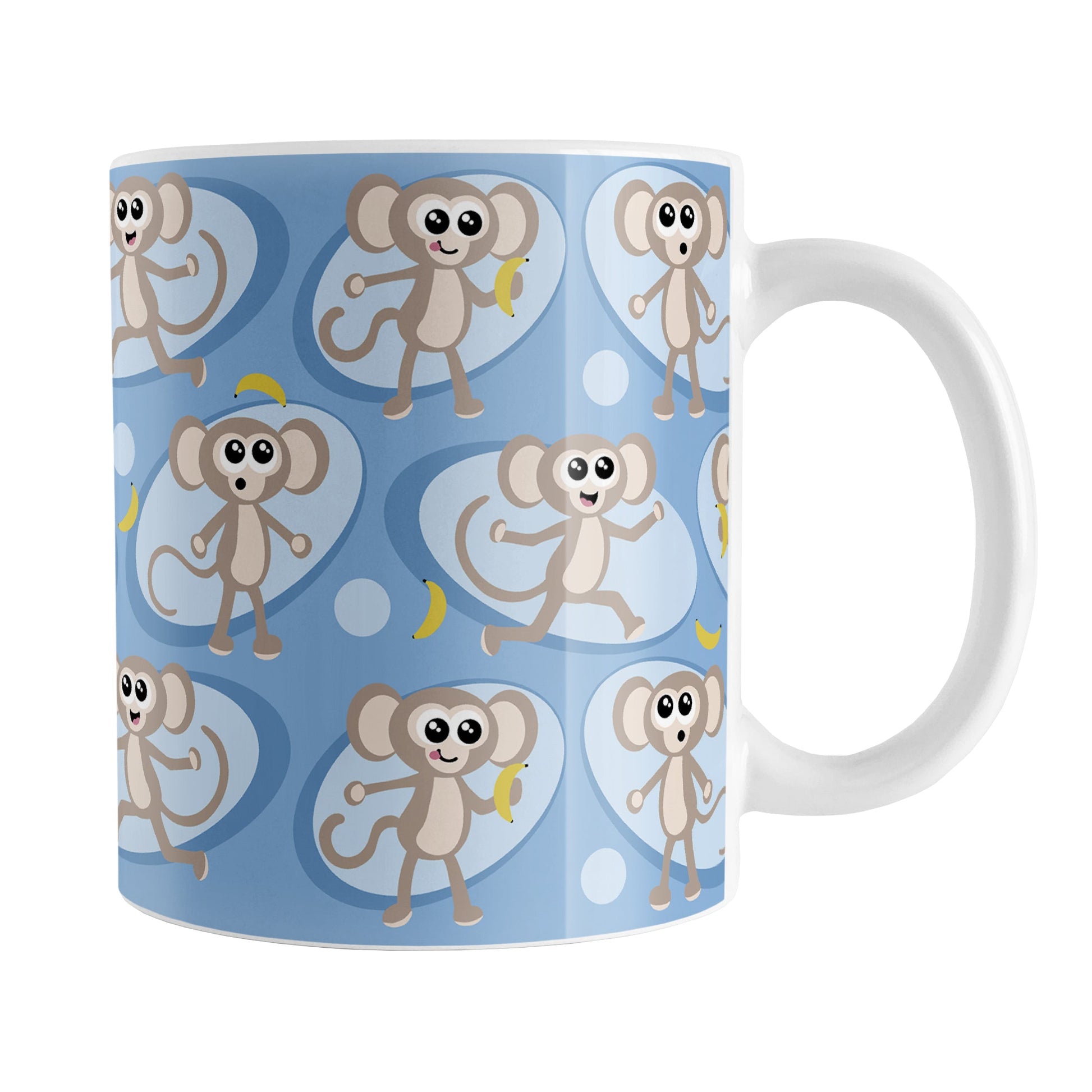 Cute Blue Monkey Pattern Mug (11oz) at Amy's Coffee Mugs. A ceramic coffee mug designed with a pattern of fun and cute brown monkeys in light blue ovals with bananas over a blue background color that wraps around the mug up to the handle.