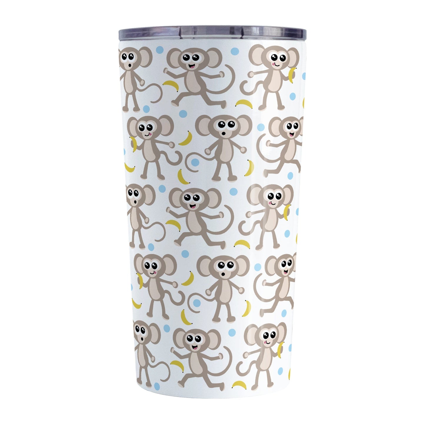 Cute Monkey Pattern with Blue Dots Tumbler Cup (20oz) at Amy's Coffee Mugs. A stainless steel tumbler cup designed with an adorable pattern of monkeys having fun, complete with bananas and blue dots around them, that wraps around the cup.