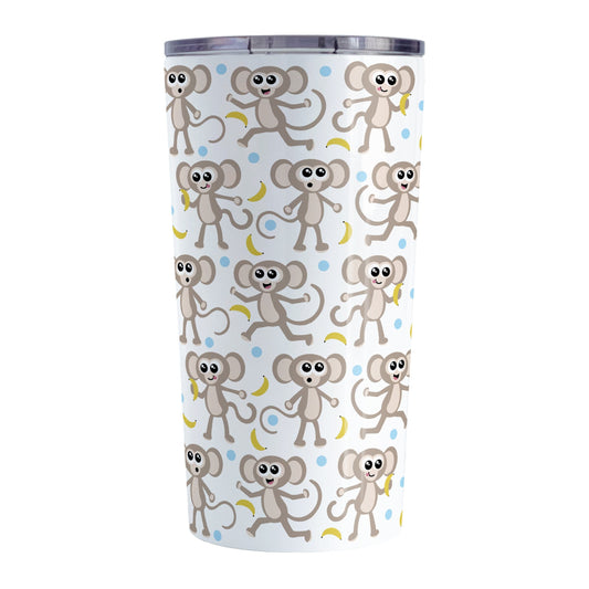 Cute Monkey Pattern with Blue Dots Tumbler Cup (20oz) at Amy's Coffee Mugs. A stainless steel tumbler cup designed with an adorable pattern of monkeys having fun, complete with bananas and blue dots around them, that wraps around the cup.