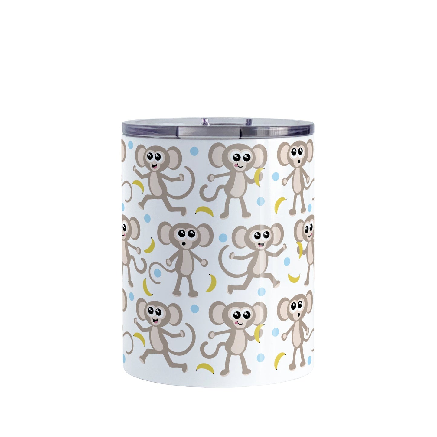 Cute Monkey Pattern with Blue Dots Tumbler Cup (10oz) at Amy's Coffee Mugs. A stainless steel tumbler cup designed with an adorable pattern of monkeys having fun, complete with bananas and blue dots around them, that wraps around the cup.