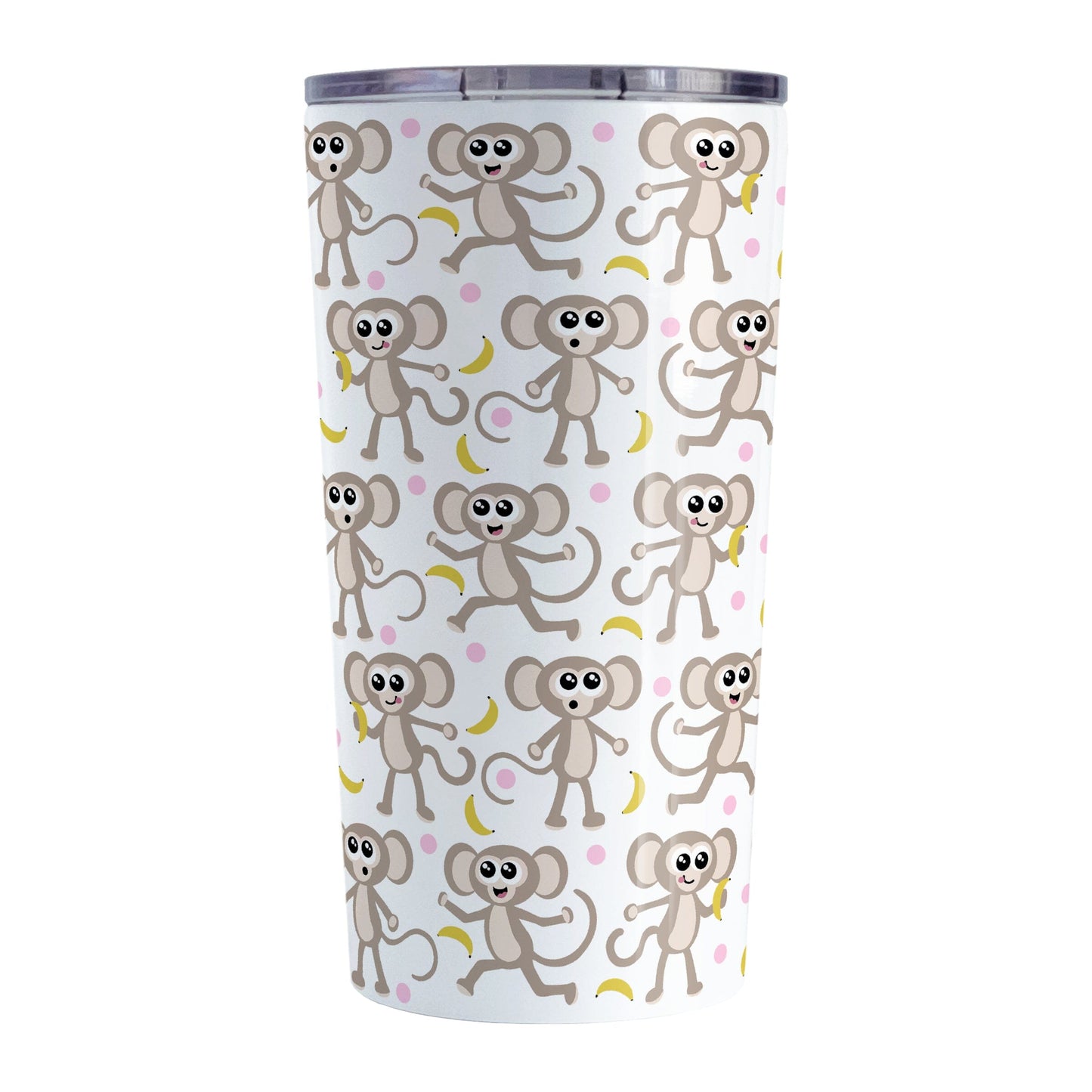 Cute Monkey Pattern with Pink Dots Tumbler Cup (20oz) at Amy's Coffee Mugs. A stainless steel tumbler cup designed with an adorable pattern of monkeys having fun, complete with bananas and pink dots around them, that wraps around the cup.