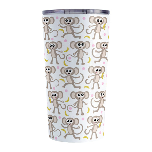 Cute Monkey Pattern with Pink Dots Tumbler Cup (20oz) at Amy's Coffee Mugs. A stainless steel tumbler cup designed with an adorable pattern of monkeys having fun, complete with bananas and pink dots around them, that wraps around the cup.