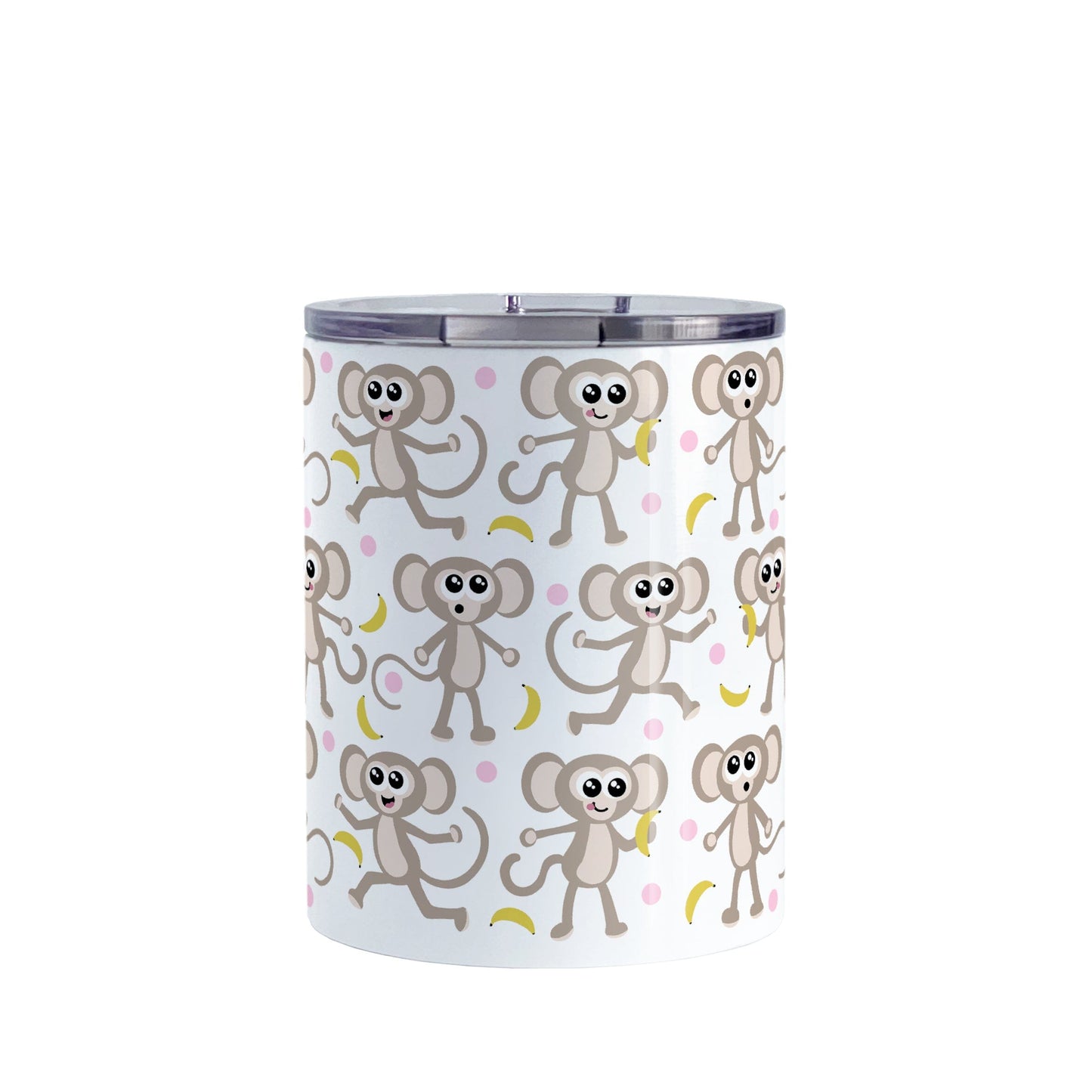 Cute Monkey Pattern with Pink Dots Tumbler Cup (10oz) at Amy's Coffee Mugs. A stainless steel tumbler cup designed with an adorable pattern of monkeys having fun, complete with bananas and pink dots around them, that wraps around the cup.