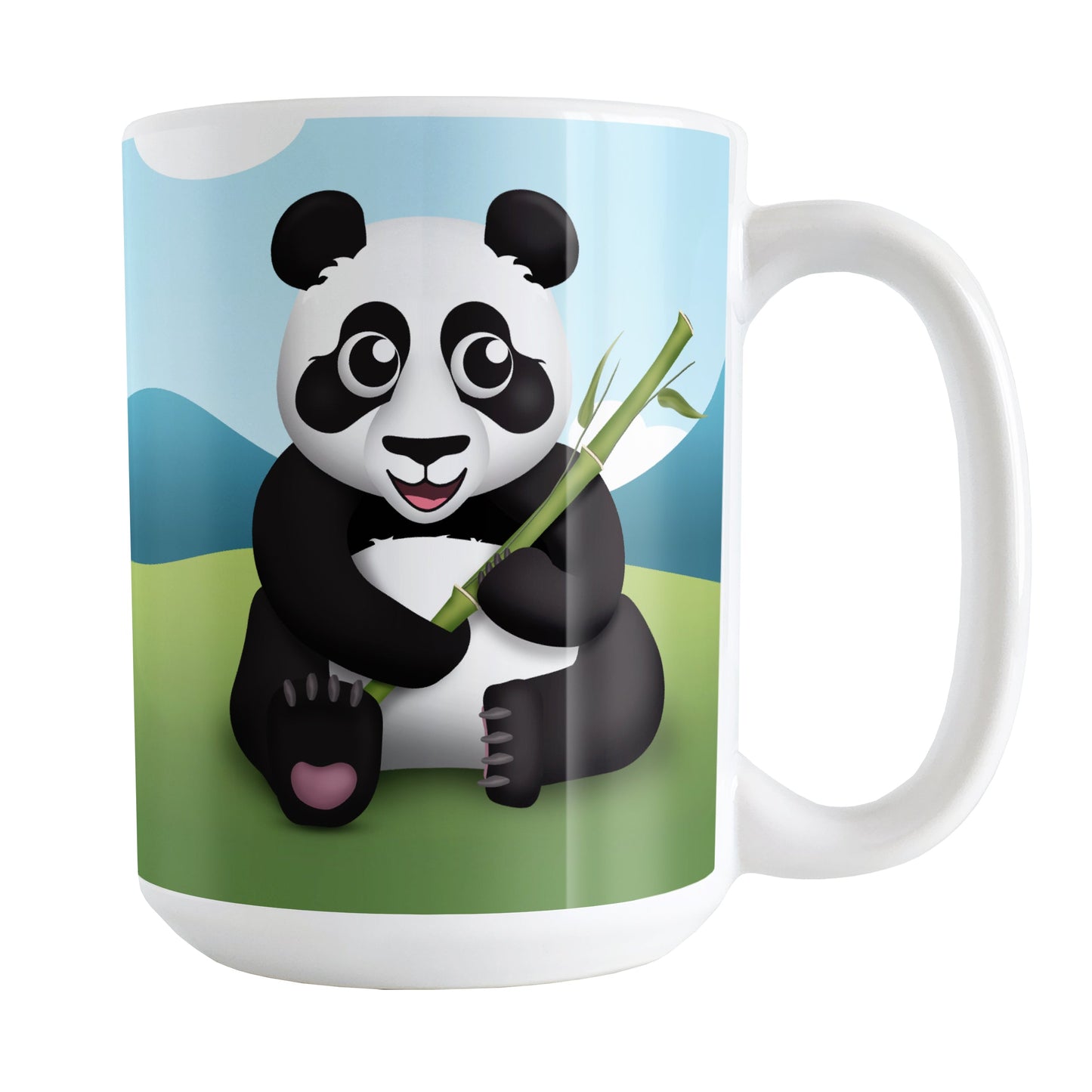Cute Panda with Bamboo Mug (15oz) at Amy's Coffee Mugs. A ceramic coffee mug designed with an illustration of a panda holding bamboo sitting in the grass on both sides of the mug while the background illustration with mountains and a blue sky wraps around the mug up to the handle.