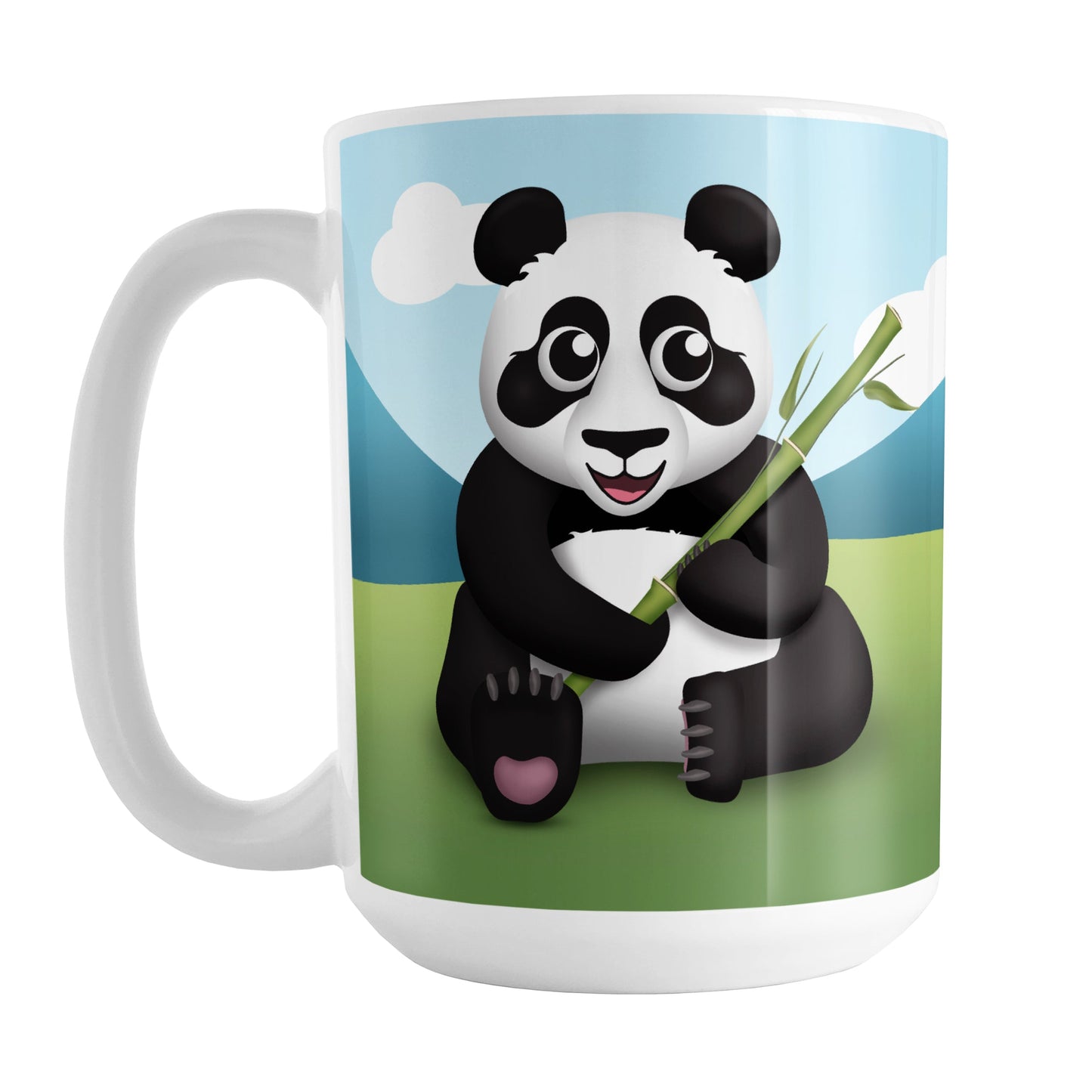 Cute Panda with Bamboo Mug (15oz) at Amy's Coffee Mugs. A ceramic coffee mug designed with an illustration of a panda holding bamboo sitting in the grass on both sides of the mug while the background illustration with mountains and a blue sky wraps around the mug up to the handle.