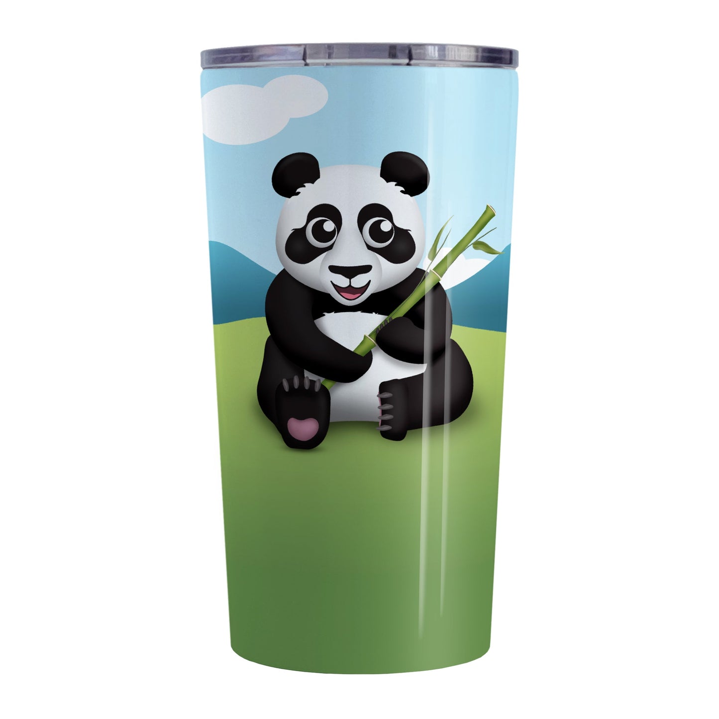 Cute Panda with Bamboo Tumbler Cup (20oz, stainless steel insulated) at Amy's Coffee Mugs. A tumbler cup designed with an illustration of a panda holding bamboo sitting in the grass while the background illustration complete with mountains and a blue sky wraps around the cup.