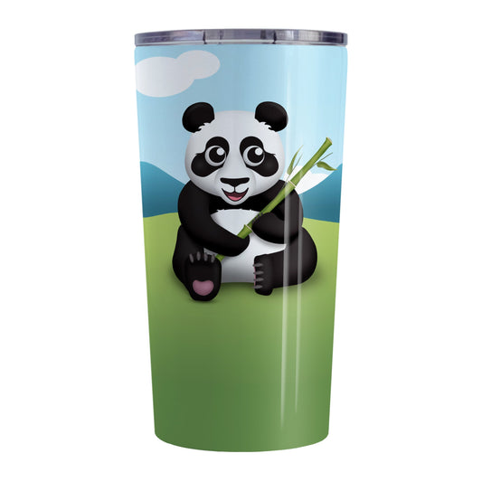 Cute Panda with Bamboo Tumbler Cup (20oz, stainless steel insulated) at Amy's Coffee Mugs. A tumbler cup designed with an illustration of a panda holding bamboo sitting in the grass while the background illustration complete with mountains and a blue sky wraps around the cup.