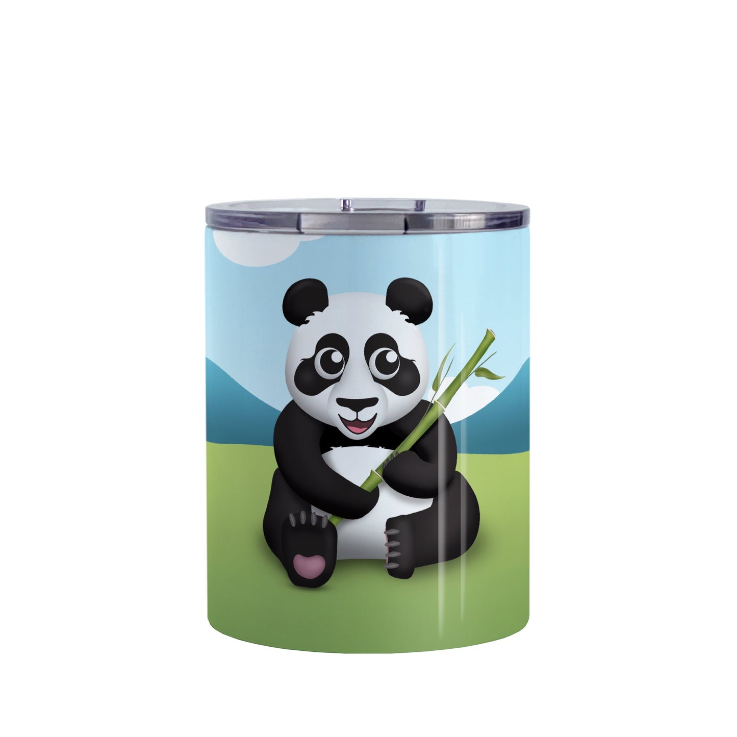Cute Panda with Bamboo Tumbler Cup (10oz, stainless steel insulated) at Amy's Coffee Mugs. A tumbler cup designed with an illustration of a panda holding bamboo sitting in the grass while the background illustration complete with mountains and a blue sky wraps around the cup.