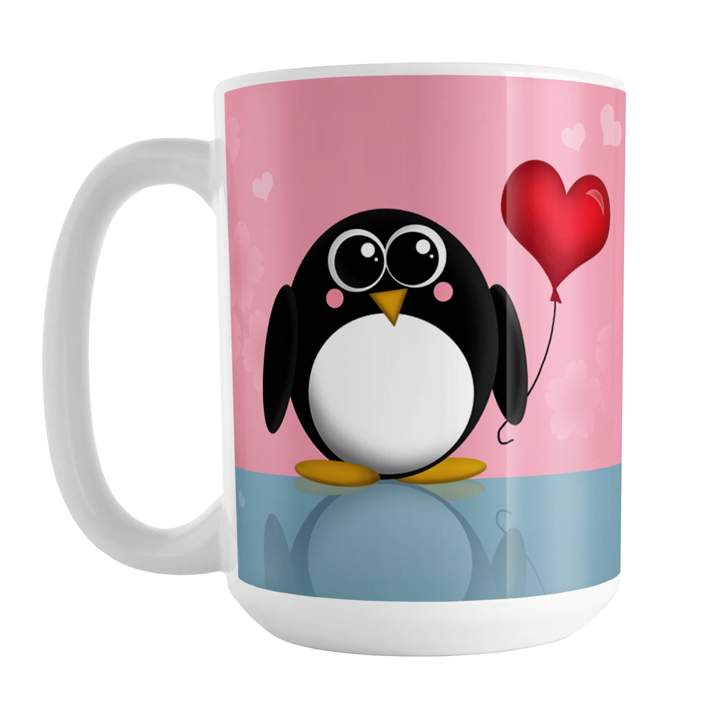 Cute Penguin Heart Balloon Mug (15oz) at Amy's Coffee Mugs. A ceramic coffee mug designed with an adorable rounded penguin holding a red heart balloon on both sides of the mug over a pink and blue background that wraps around the mug up to the handle.