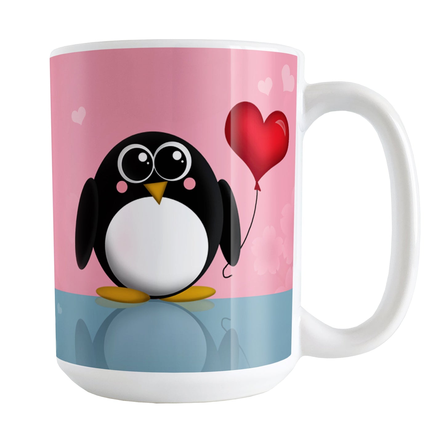 Cute Penguin Heart Balloon Mug (15oz) at Amy's Coffee Mugs. A ceramic coffee mug designed with an adorable rounded penguin holding a red heart balloon on both sides of the mug over a pink and blue background that wraps around the mug up to the handle.