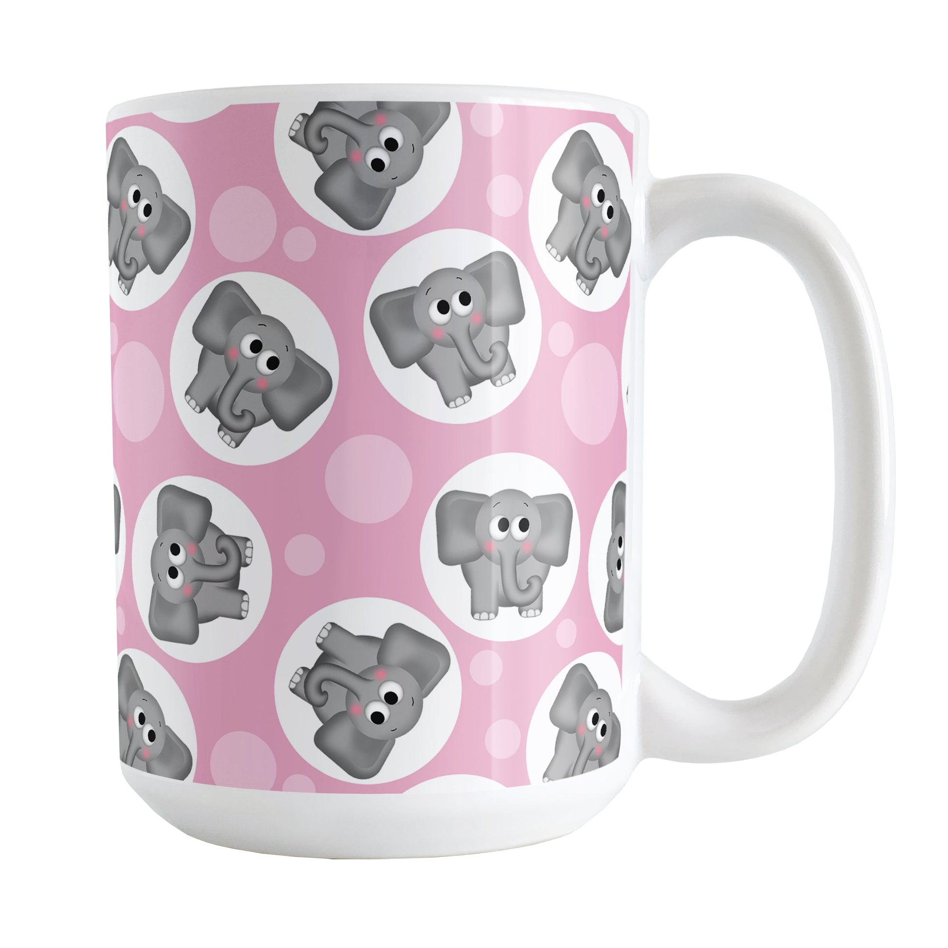 Cute Pink Elephant Pattern Mug (15oz) at Amy's Coffee Mugs. A ceramic coffee mug designed with cute and affectionate gray elephants in white circles scattered over a pink background color in a pattern that wraps around the mug up to the handle.