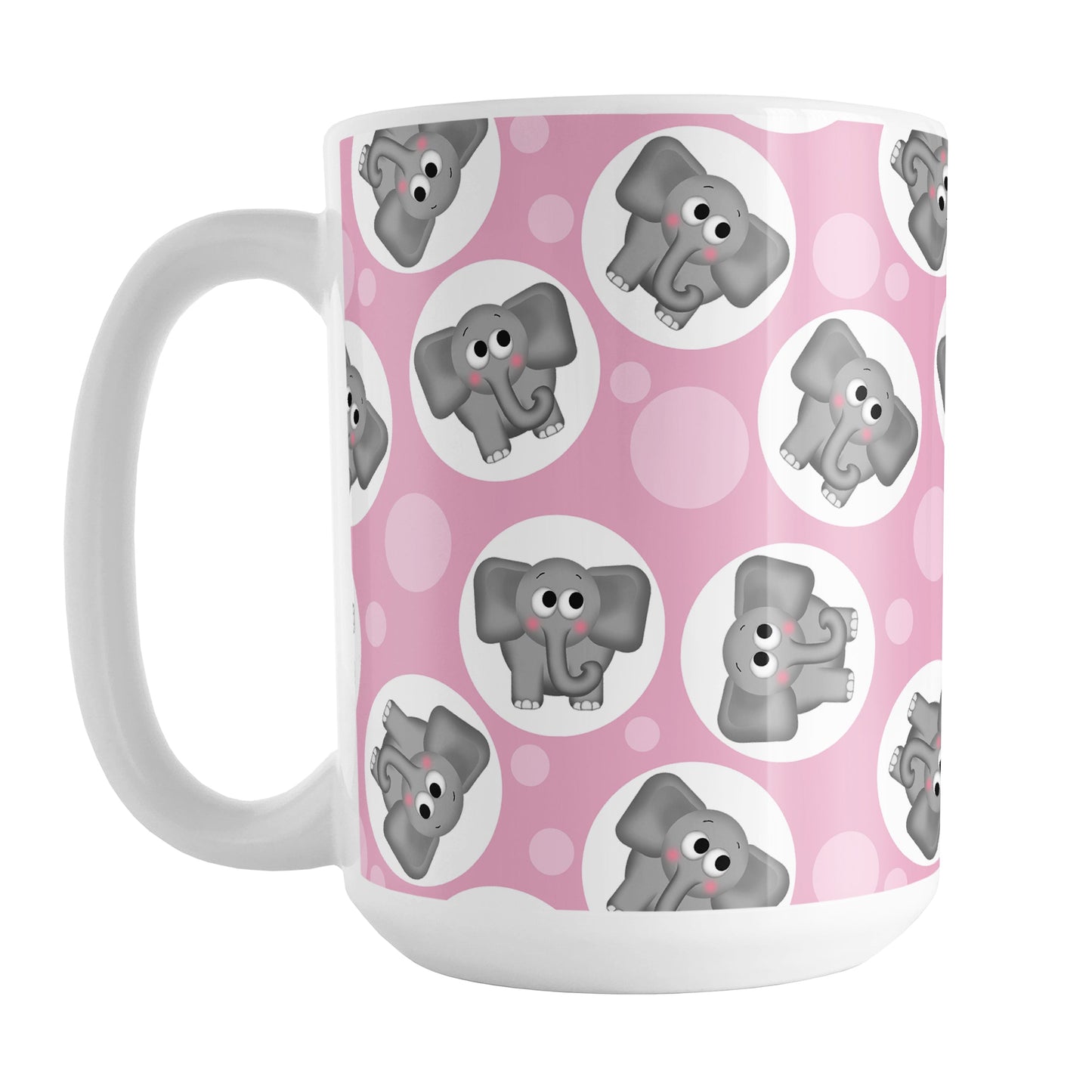 Cute Pink Elephant Pattern Mug (15oz) at Amy's Coffee Mugs. A ceramic coffee mug designed with cute and affectionate gray elephants in white circles scattered over a pink background color in a pattern that wraps around the mug up to the handle.