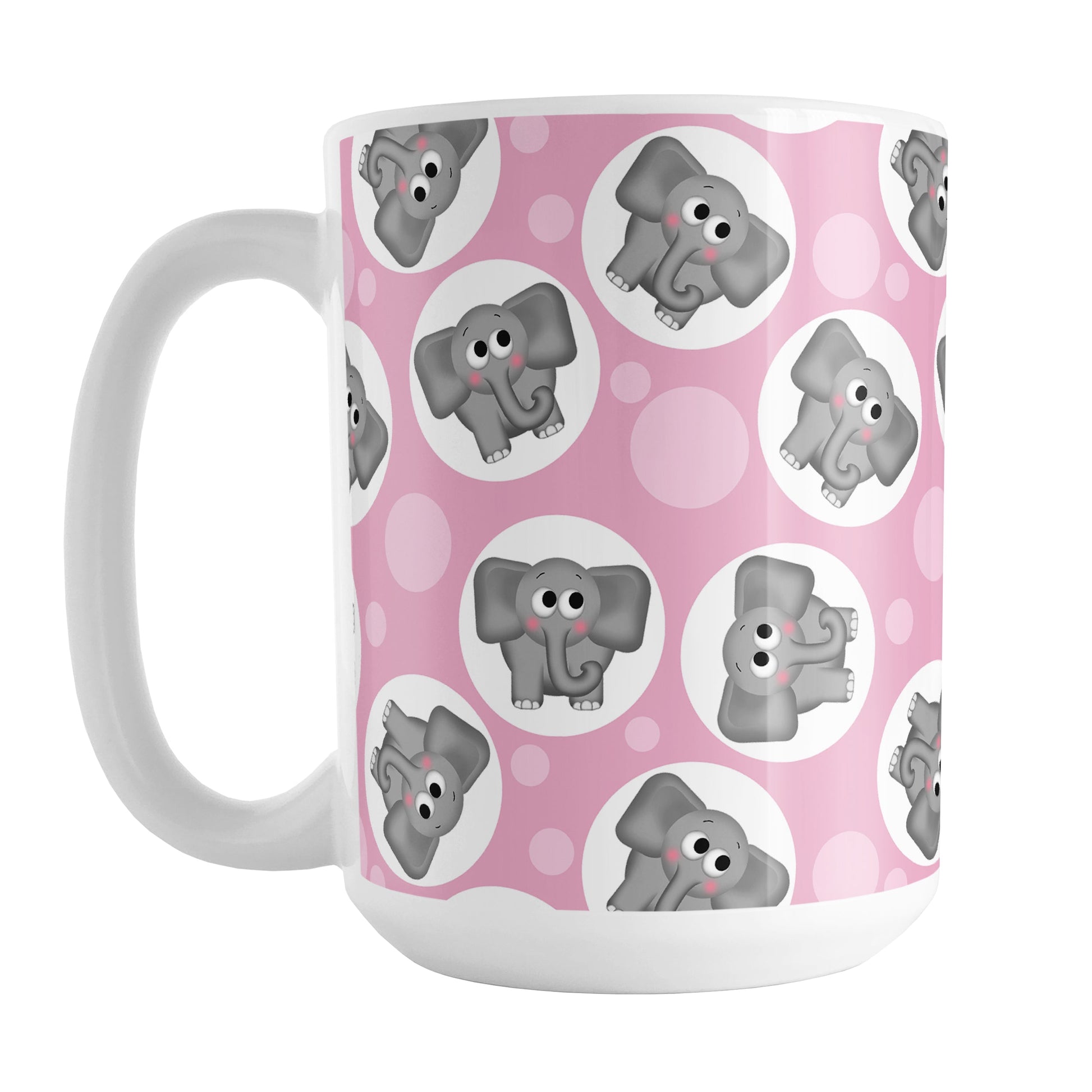 Cute Pink Elephant Pattern Mug (15oz) at Amy's Coffee Mugs. A ceramic coffee mug designed with cute and affectionate gray elephants in white circles scattered over a pink background color in a pattern that wraps around the mug up to the handle.
