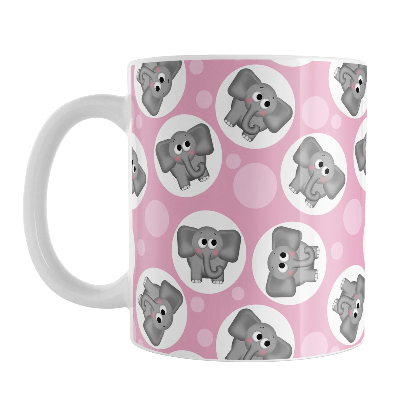 Cute Pink Elephant Pattern Mug (11oz) at Amy's Coffee Mugs. A ceramic coffee mug designed with cute and affectionate gray elephants in white circles scattered over a pink background color in a pattern that wraps around the mug up to the handle.