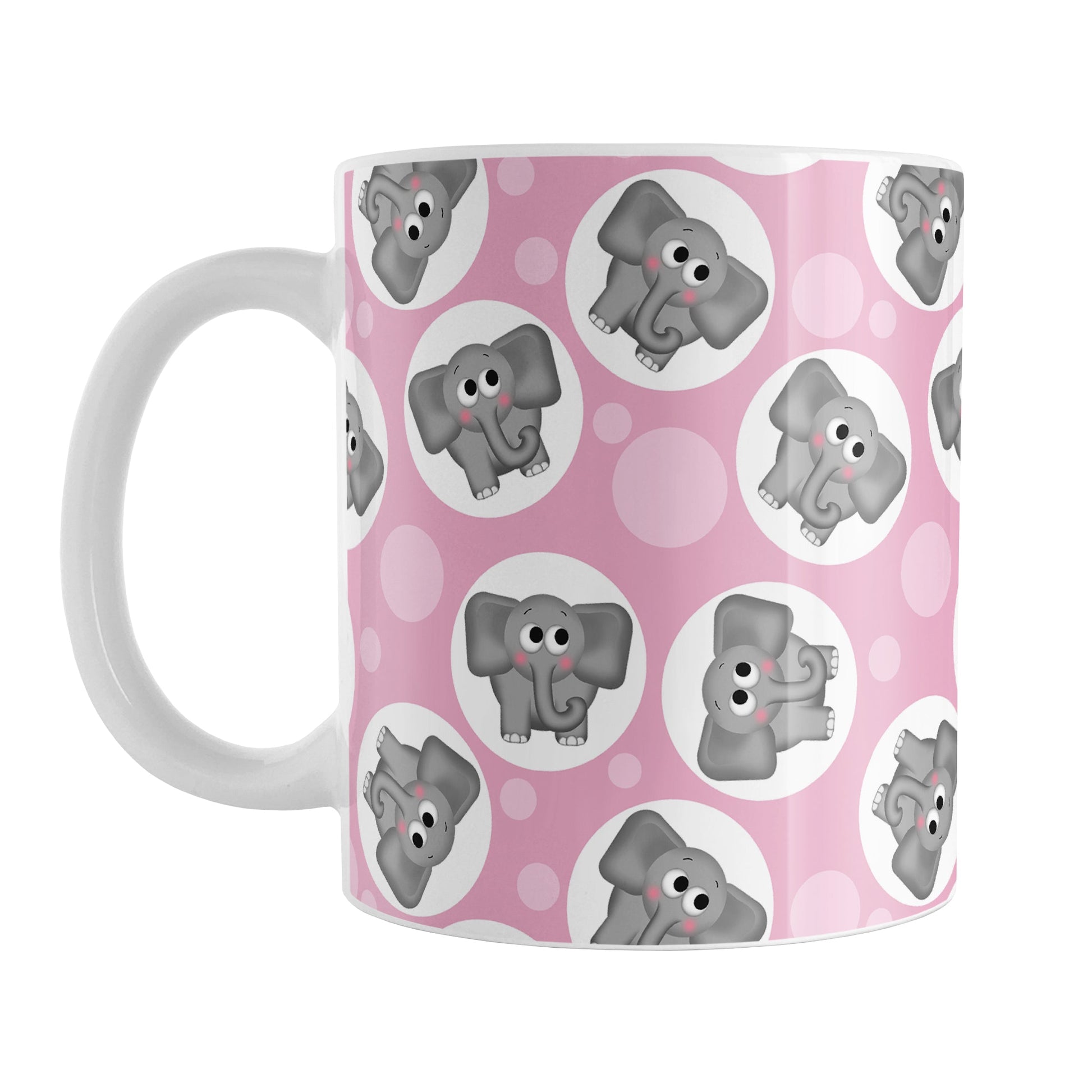 Cute Pink Elephant Pattern Mug (11oz) at Amy's Coffee Mugs. A ceramic coffee mug designed with cute and affectionate gray elephants in white circles scattered over a pink background color in a pattern that wraps around the mug up to the handle.
