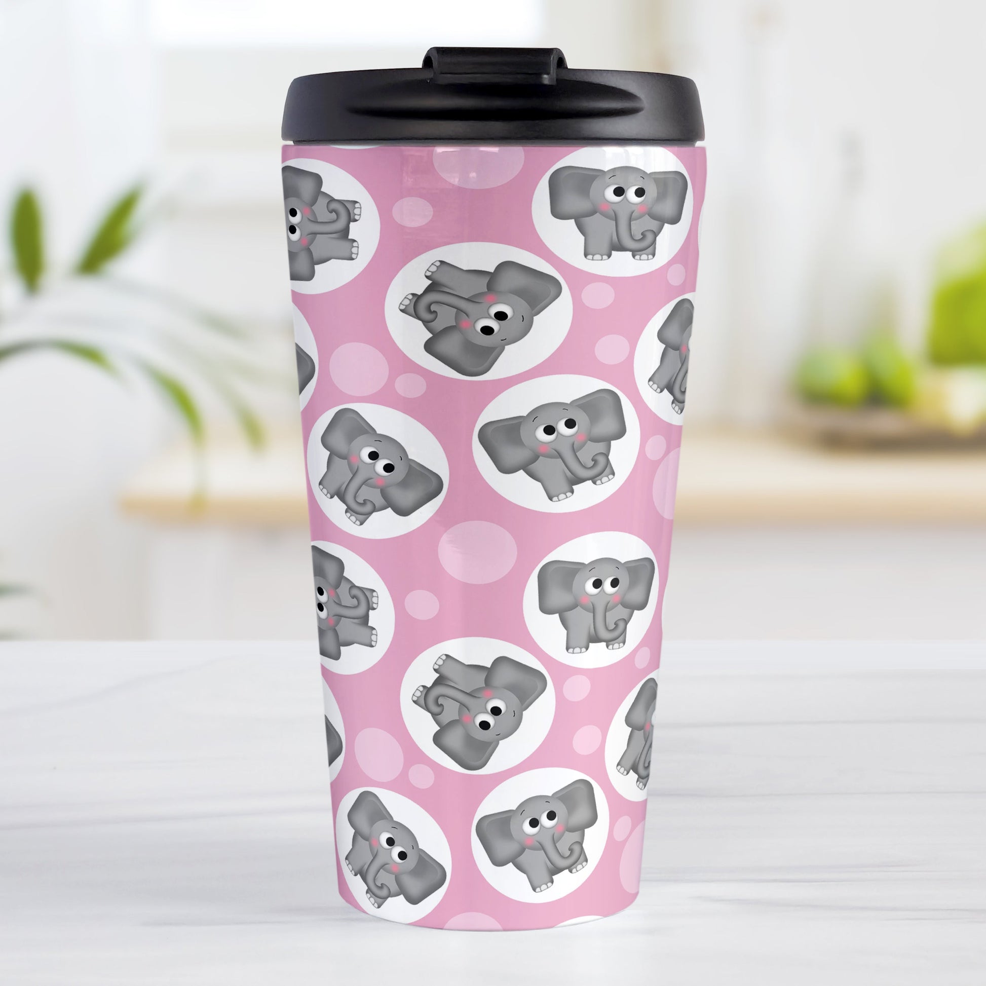 Cute Pink Elephant Pattern Travel Mug (15oz, stainless steel insulated) at Amy's Coffee Mugs. A travel mug designed with cute and affectionate gray elephants in white circles scattered over a pink background color in a pattern that wraps around the travel mug.