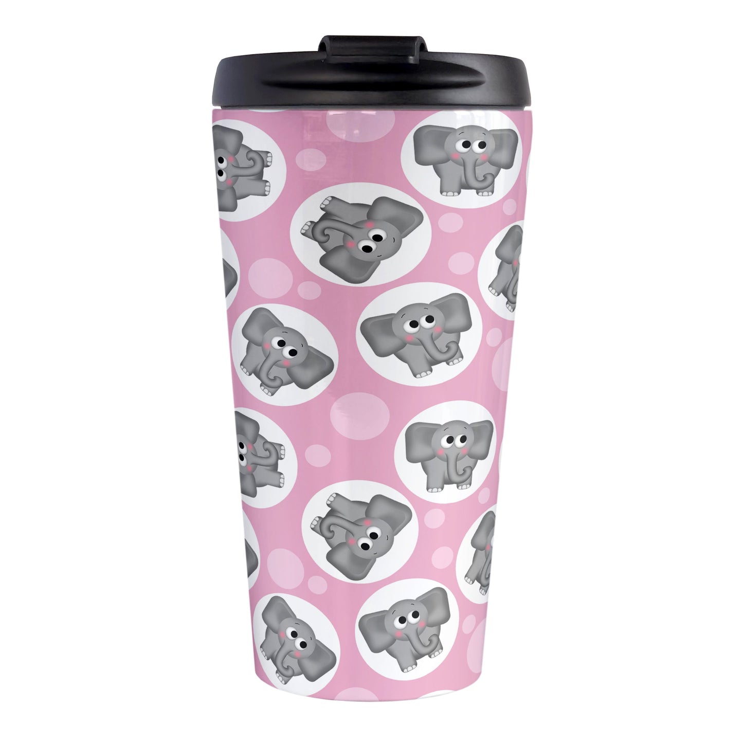 Cute Pink Elephant Pattern Travel Mug (15oz, stainless steel insulated) at Amy's Coffee Mugs. A travel mug designed with cute and affectionate gray elephants in white circles scattered over a pink background color in a pattern that wraps around the travel mug.