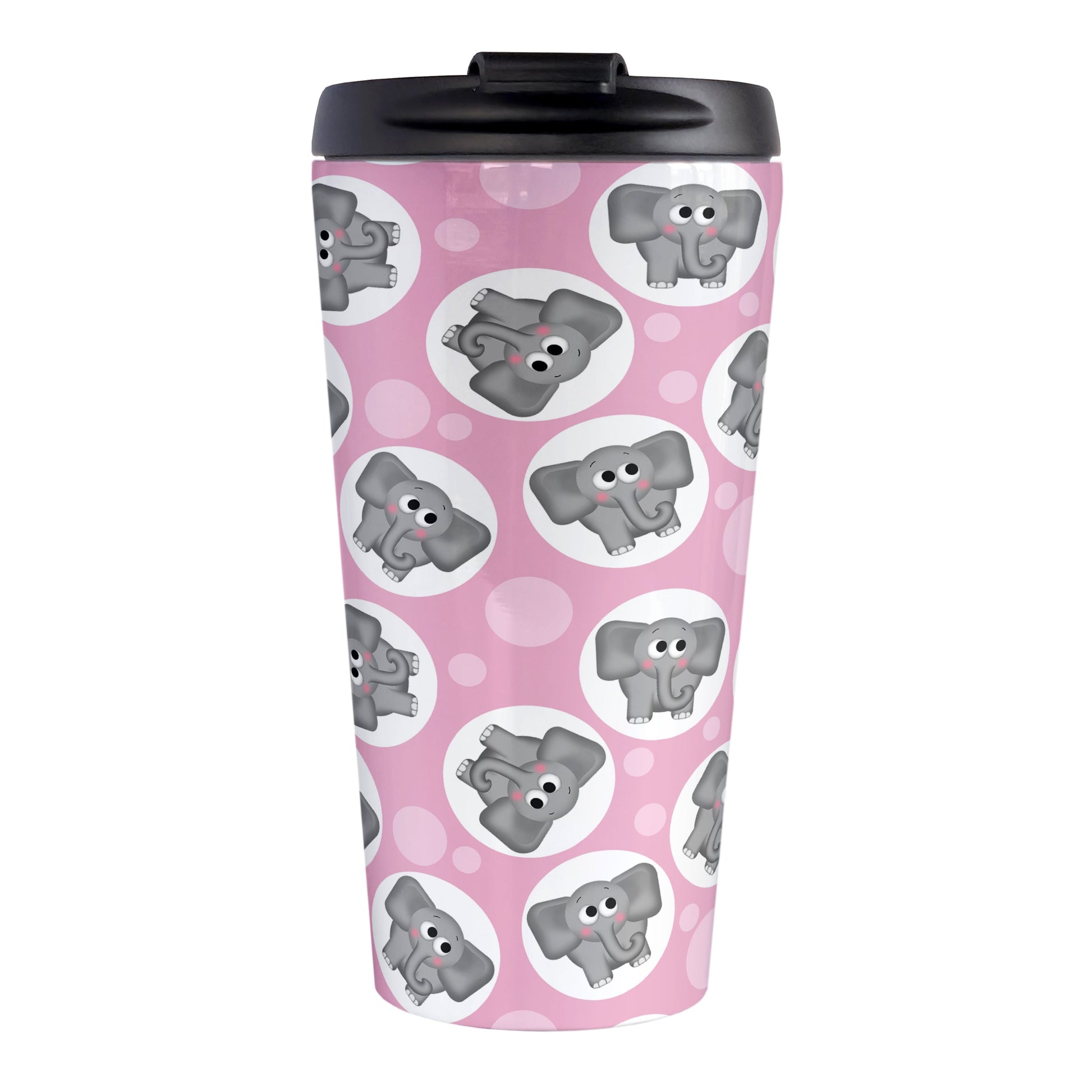 Cute Pink Elephant Pattern Travel Mug (15oz, stainless steel insulated) at Amy's Coffee Mugs. A travel mug designed with cute and affectionate gray elephants in white circles scattered over a pink background color in a pattern that wraps around the travel mug.