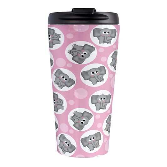 Cute Pink Elephant Pattern Travel Mug (15oz, stainless steel insulated) at Amy's Coffee Mugs. A travel mug designed with cute and affectionate gray elephants in white circles scattered over a pink background color in a pattern that wraps around the travel mug.