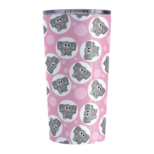 Cute Pink Elephant Pattern Tumbler Cup (20oz, stainless steel insulated) at Amy's Coffee Mugs. A tumbler cup designed with cute and affectionate gray elephants in white circles scattered over a pink background color in a pattern that wraps around the cup.