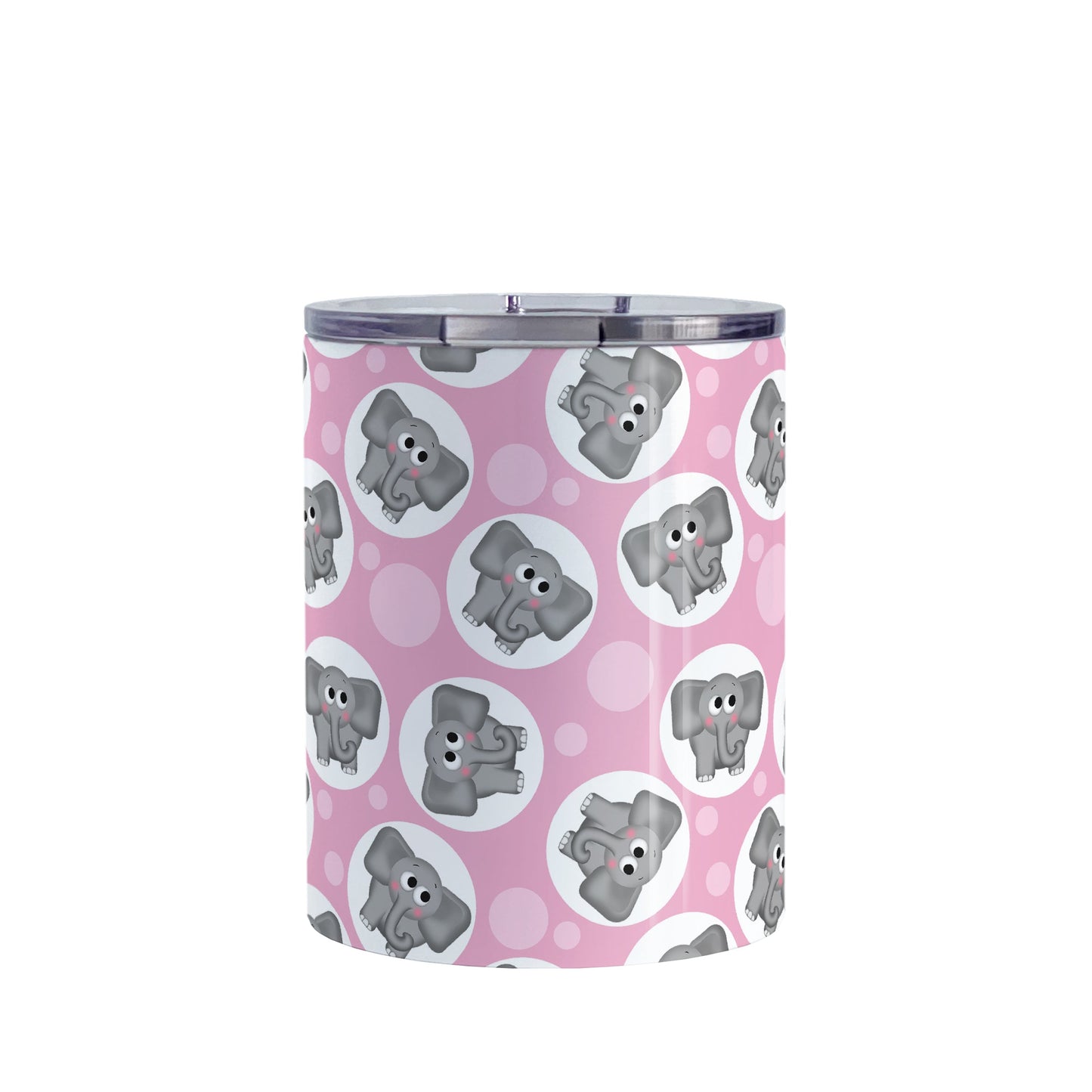 Cute Pink Elephant Pattern Tumbler Cup (10oz, stainless steel insulated) at Amy's Coffee Mugs. A tumbler cup designed with cute and affectionate gray elephants in white circles scattered over a pink background color in a pattern that wraps around the cup.