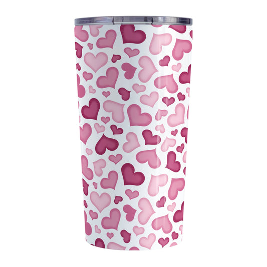 Cute Pink Hearts Pattern Tumbler Cup (20oz) at Amy's Coffee Mugs. A stainless steel tumbler cup designed with a pattern of cute hearts in different shades of pink that wrap around the cup.