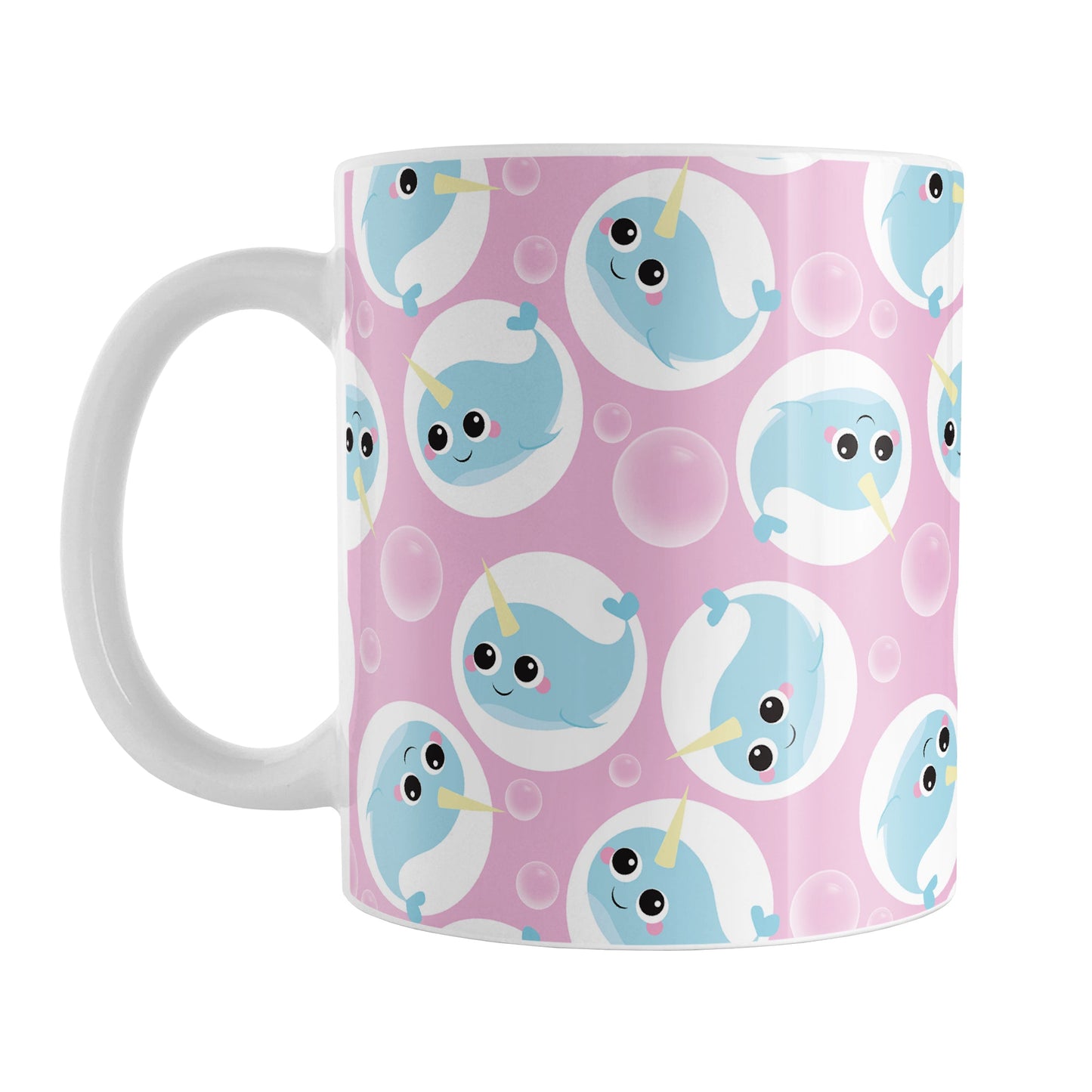Cute Pink Narwhal Bubble Pattern Mug (11oz) at Amy's Coffee Mugs. A ceramic coffee mug designed with cute light blue narwhals in white circles and with bubbles scattered over a pink background color in a pattern that wraps around the mug up to the handle.